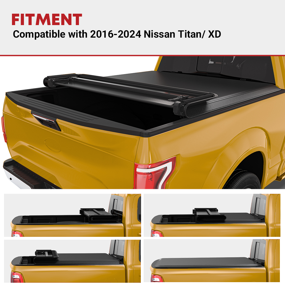 Side view of YITAMOTOR Quad Fold Tonneau Cover for Nissan Titan/XD 2016–2024, 6.5 ft Fleetside Bed, No Titan Box