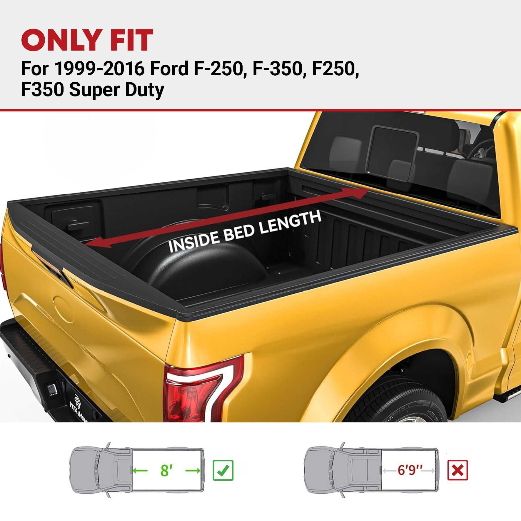 Side view of YITAMOTOR® Soft Roll Up Truck Bed Tonneau Cover Compatible with 1999-2016 Ford F-250 F-350 F250 F350 Super Duty 8 ft Bed