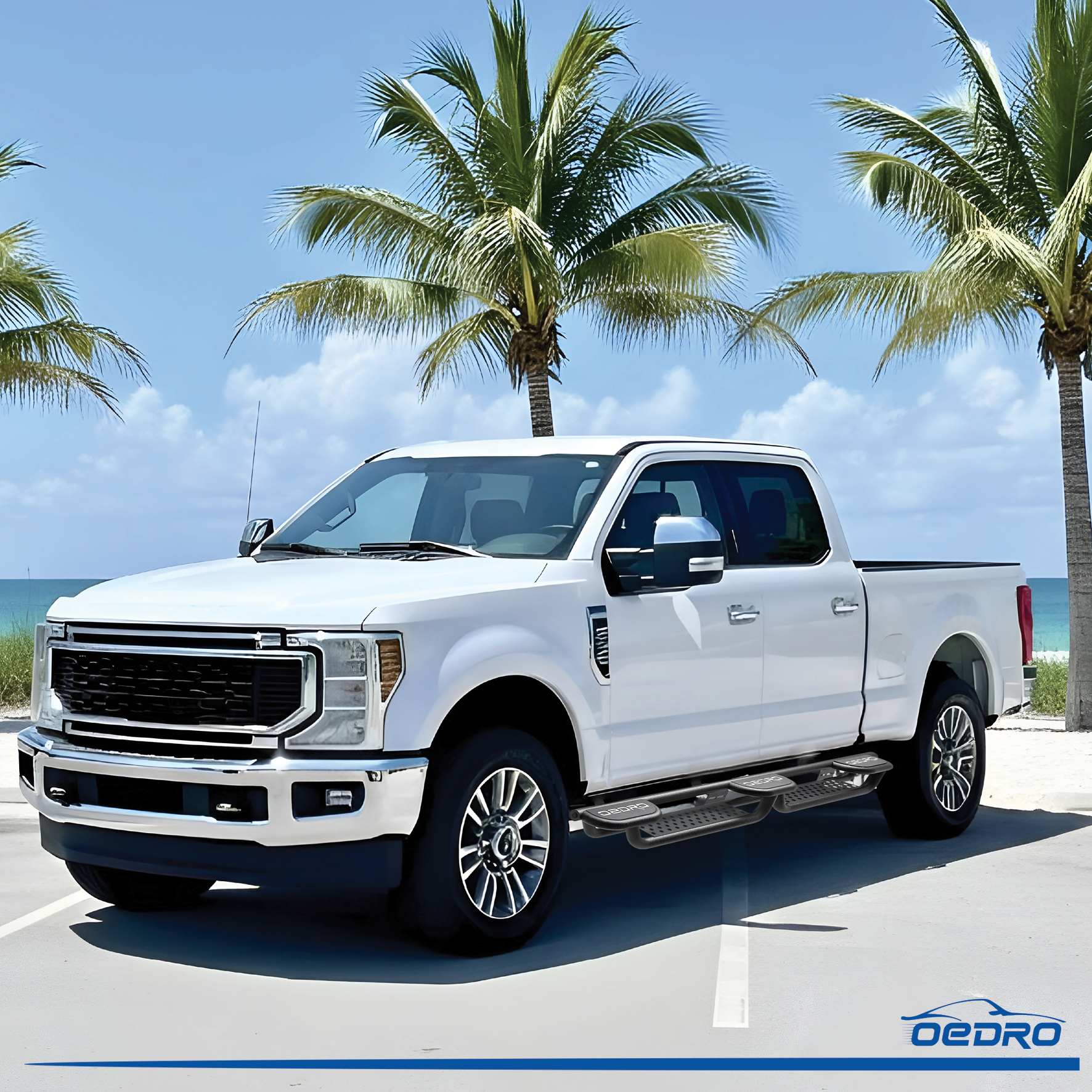 Side view of OEDRO Dual Concex Platform Running Boards Compatible with 2015-2025 Ford F150 SuperCrew Cab, 2017-2025 F250 F350 Super Duty, Bed Access Side Steps