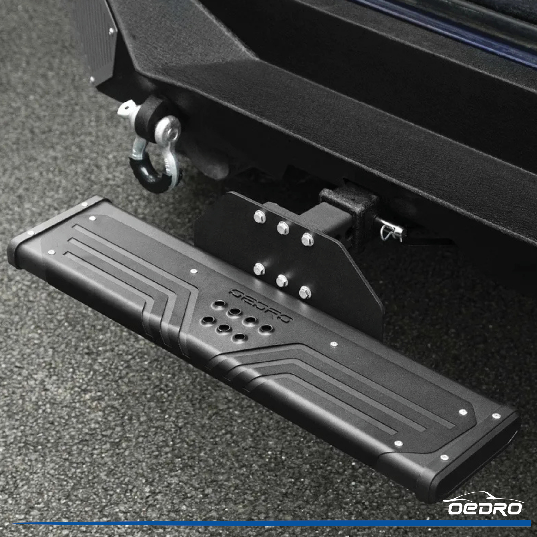 Side view of OEDRO® Black Aluminum Towing Hitch Steps with 2" Hitch Receiver, Rear Bumper Guard Protector