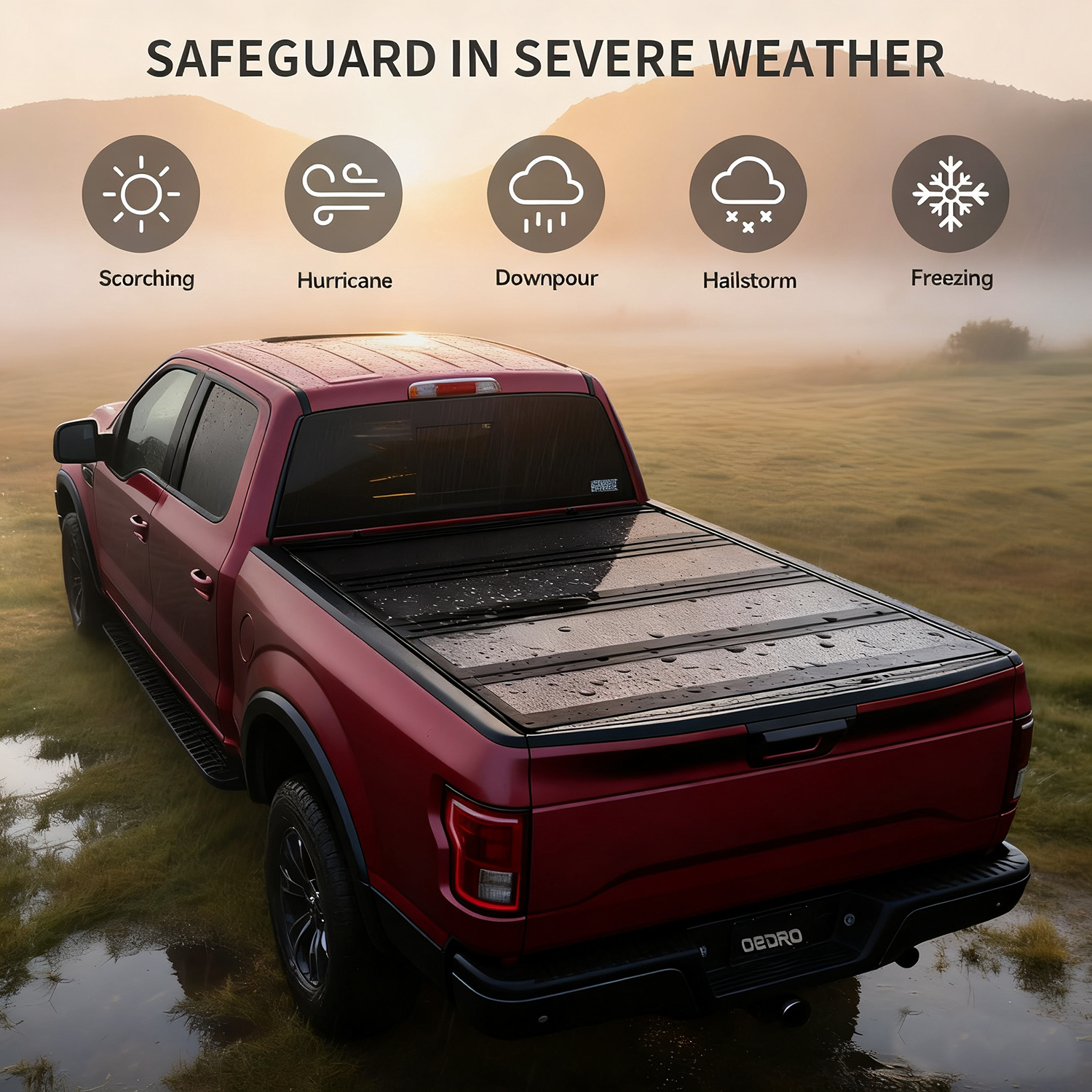 Side view of OEDRO Low-Profile Hard Quad-Fold Tonneau Cover Compatible with Ford F-150 F150 2015-2026 5.5ft Bed, One-Handed Quick Release, Drainage Design