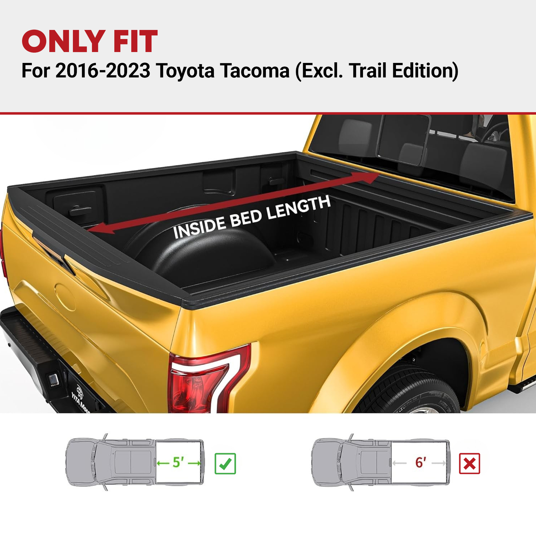 Side view of YITAMOTOR® 2016-2023 Toyota Tacoma (Excl. Trail Edition) Soft Roll Up Tonneau Cover, Fleetside 5 ft Bed with Deck Rail System