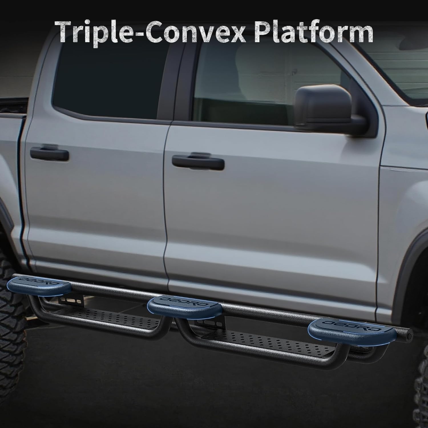 Side view of OEDRO Tri Convex Platform Running Boards Compatible with 2009-2018 Dodge Ram 1500 Crew Cab 2019-2024 Ram 1500 Classic Crew Cab 2010-2026 Ram 2500 3500
