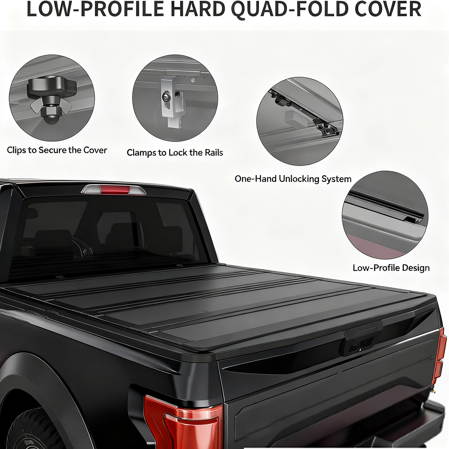 Side view of OEDRO Low-Profile Hard Quad-Fold Tonneau Cover Compatible with Ford F-150 F150 2015-2026 5.5ft Bed, One-Handed Quick Release, Drainage Design