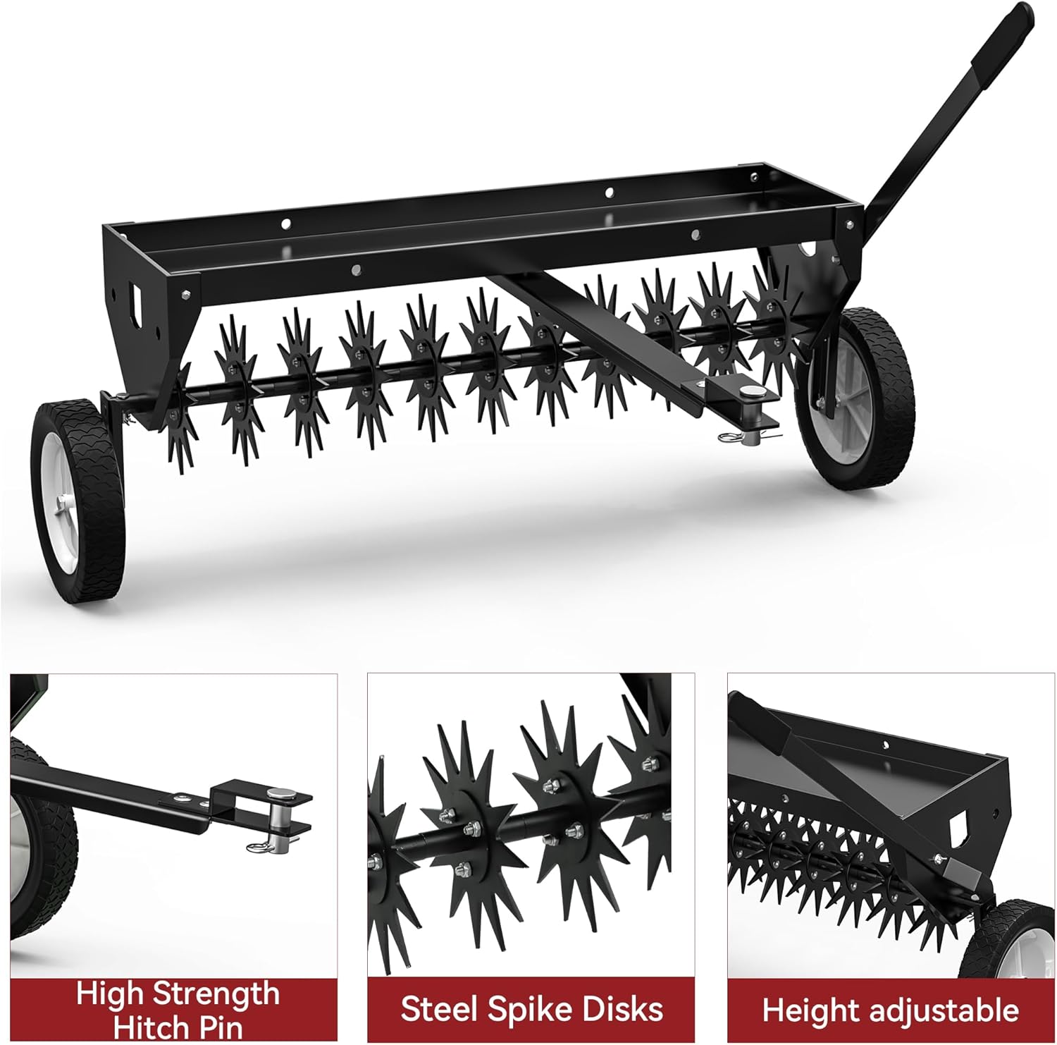 Side view of 40" Tow Behind Lawn Aerator | Core Aerator for Soil with Transport Wheels | YITAMOTOR