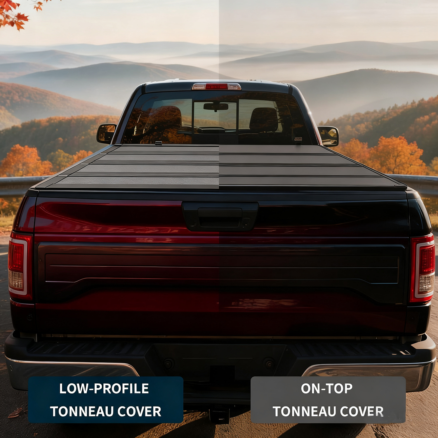 Side view of OEDRO Low-Profile Hard Quad-Fold Tonneau Cover Compatible with Ford F-150 F150 2015-2026 5.5ft Bed, One-Handed Quick Release, Drainage Design