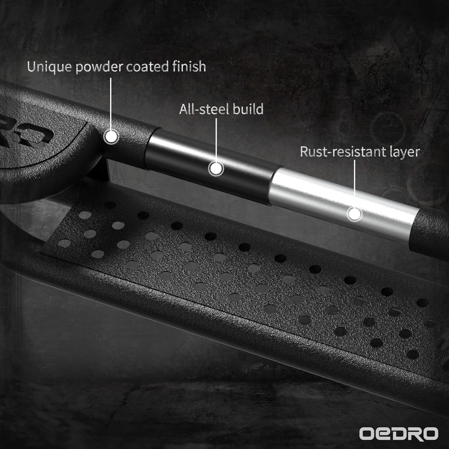 Side view of OEDRO Running Boards w/Three Raised Steps Compatible with 2020-2026 Jeep Gladiator JT 4 Door, Tri Convex Platform Side Steps, Bed Access Nerf Bar