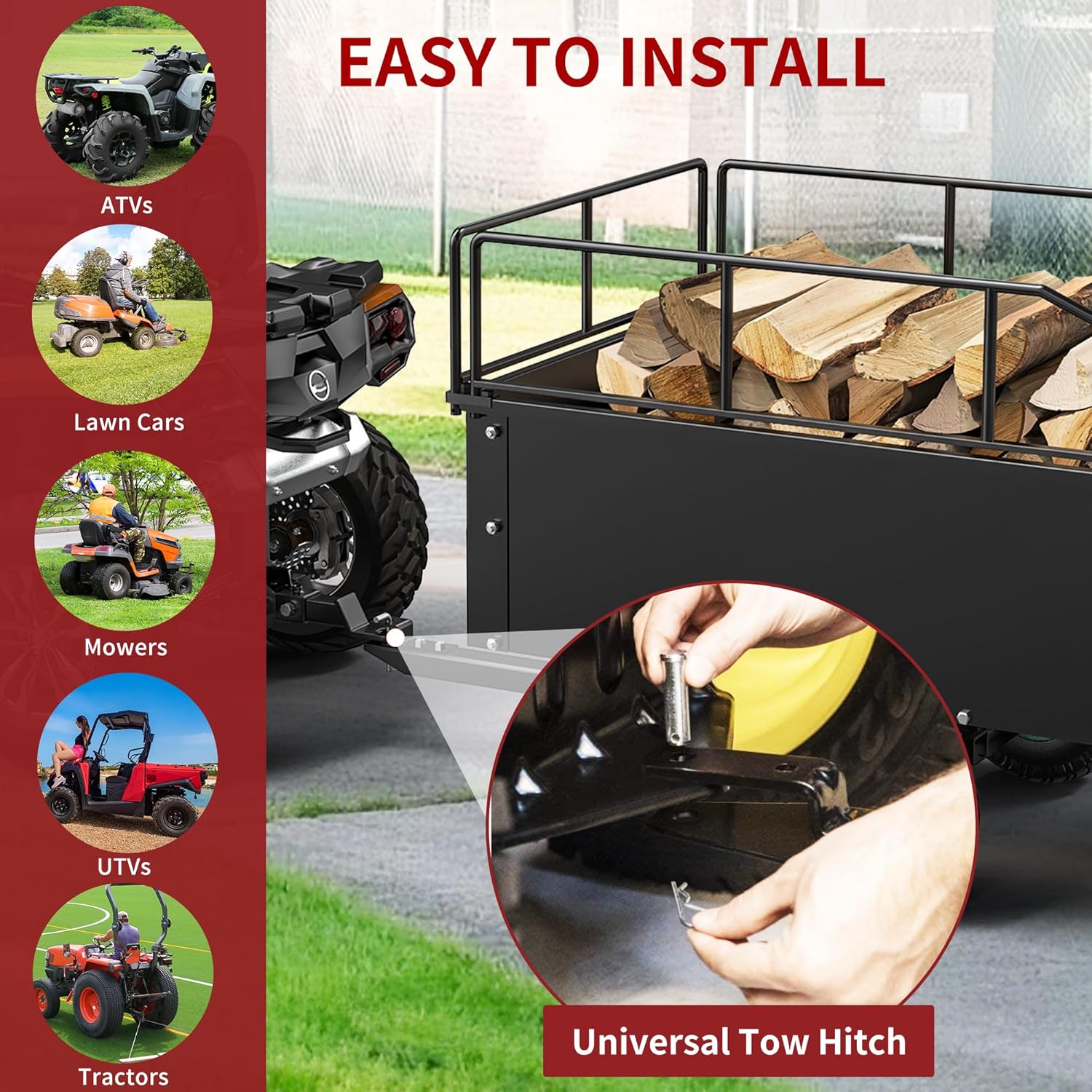 Side view of 15 Cu Ft ATV Lawn Mower Dump Trailer | 750 lbs Capacity Tow Behind Cart | YITAMOTOR