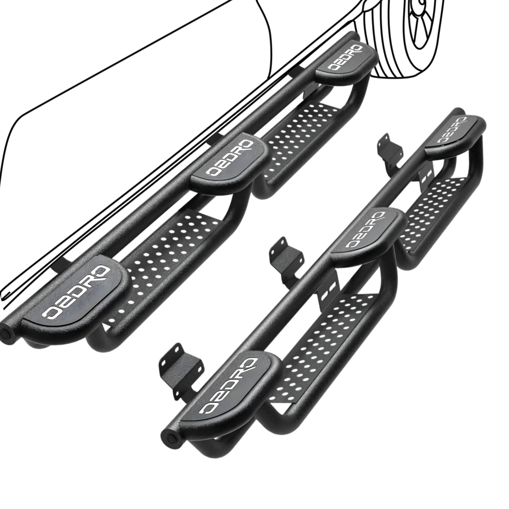 Side view of OEDRO Dual Concex Platform Running Boards Compatible with 2015-2025 Ford F150 SuperCrew Cab, 2017-2025 F250 F350 Super Duty, Bed Access Side Steps