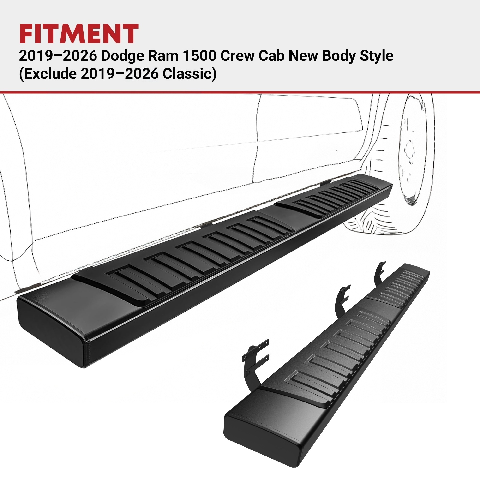 Side view of YITAMOTOR® 2019-2026 Dodge Ram 1500 Crew Cab New Body Style 6'' Side Steps Running Boards