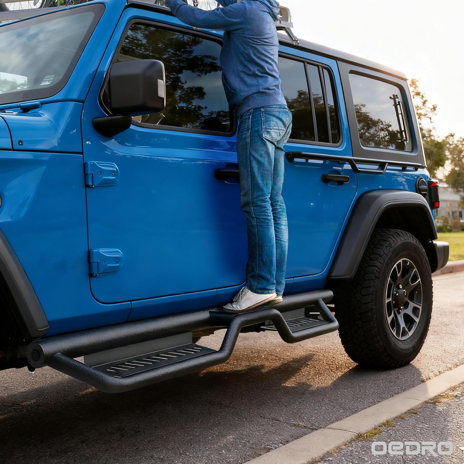 Side view of OEDRO Running Boards for 2018-2026 Jeep Wrangler JL Unlimited 4 Door Side Steps, Heavy-Duty Black Powder Coated 2-Tube Two Stairs Design Nerf Bar