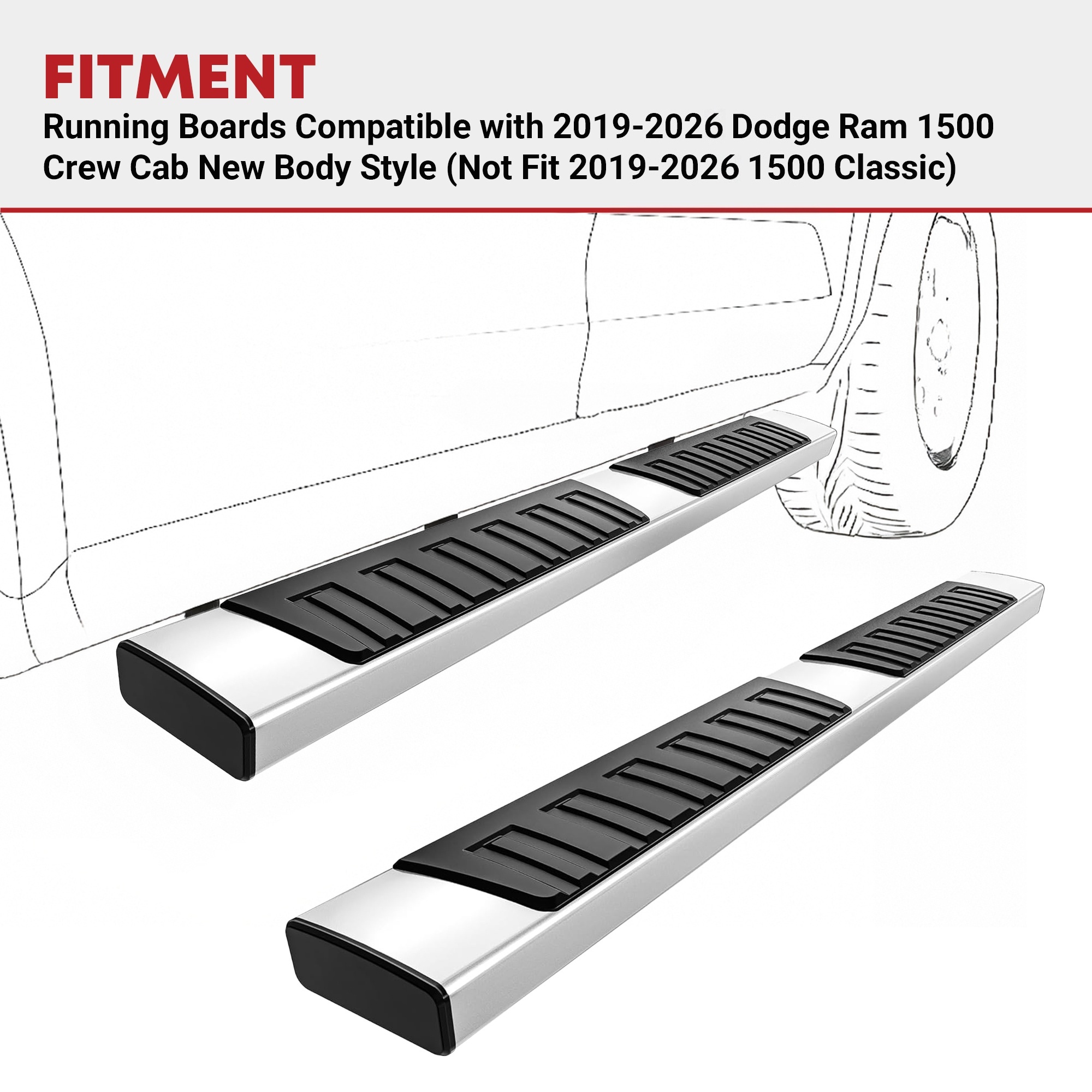 Side view of YITAMOTOR® 2019-2026 Dodge Ram 1500 Crew Cab New Body Style 6'' Running Board Side Steps