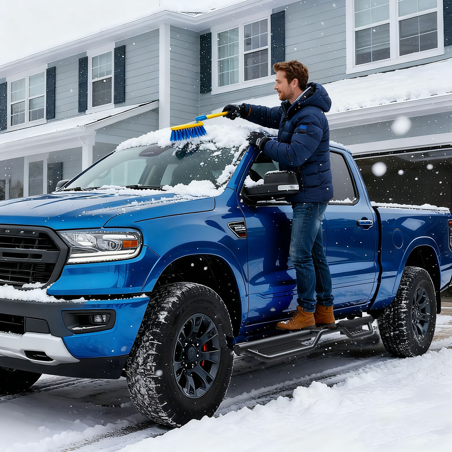 Side view of OEDRO 6 Inch Running Boards Compatible with 2019-2026 Ford Ranger Crew Cab, Bolt-On Nerf Bars with Two-Tier Step, Carbon Steel Side Steps,Nerf Bars