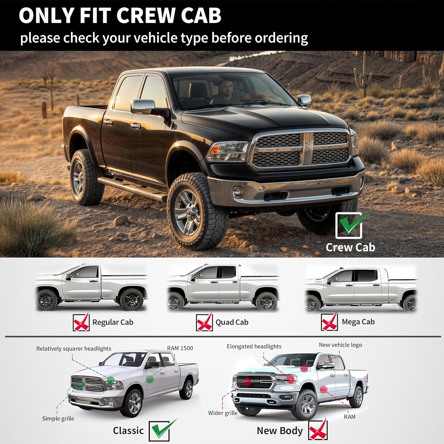 Side view of YITAMOTOR 6" Black Running Boards for 2009-2024 Ram 1500 & 2010-2026 2500/3500 Crew Cab | Nerf Bars & Side Steps