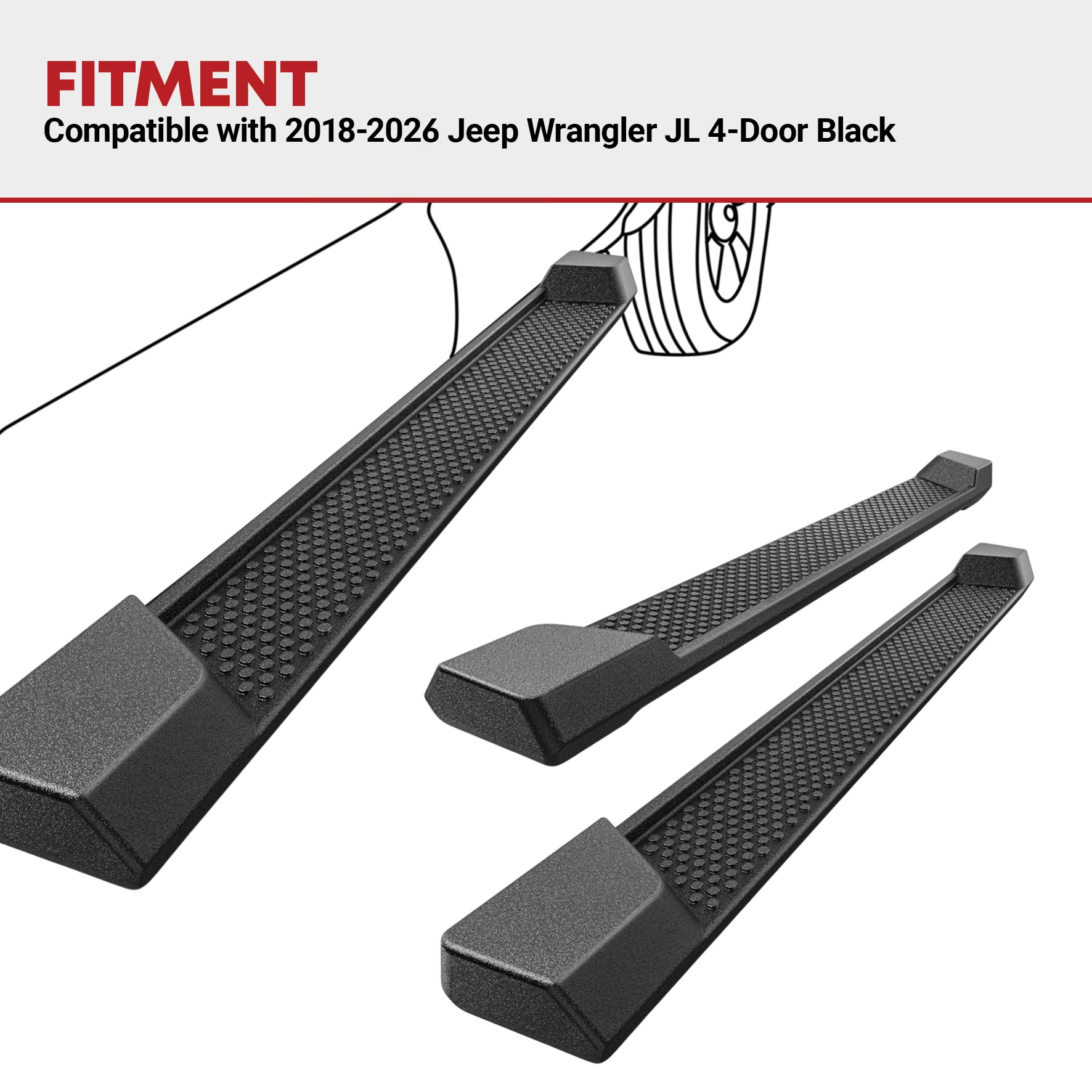 Side view of 6 inches OE Style Running Boards, Side Steps Compatible for 2018-2026 Jeep Wrangler JL 4-Door Black, Nerf Bars (Excl JK Model)