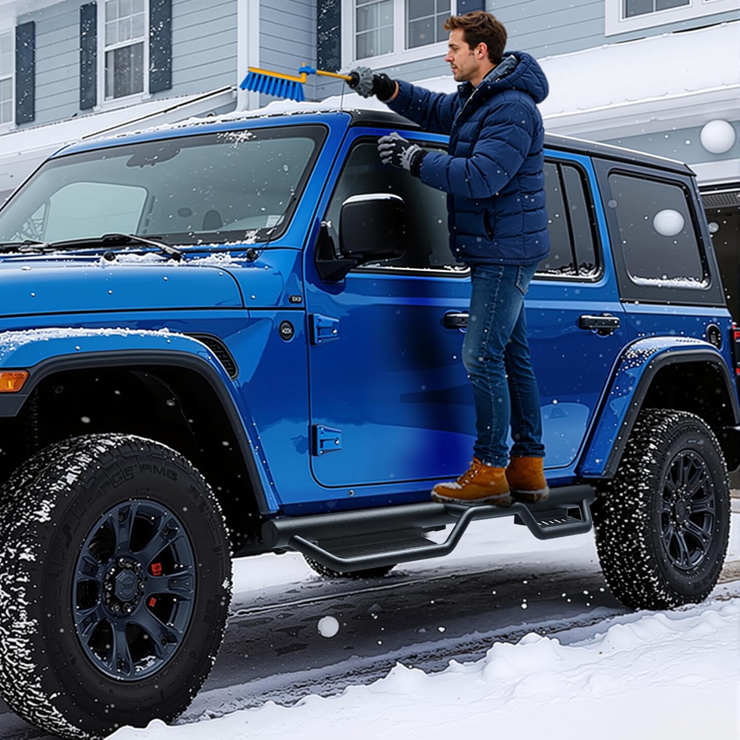 Side view of OEDRO Running Boards for 2018-2026 Jeep Wrangler JL Unlimited 4 Door Side Steps, Heavy-Duty Black Powder Coated 2-Tube Two Stairs Design Nerf Bar