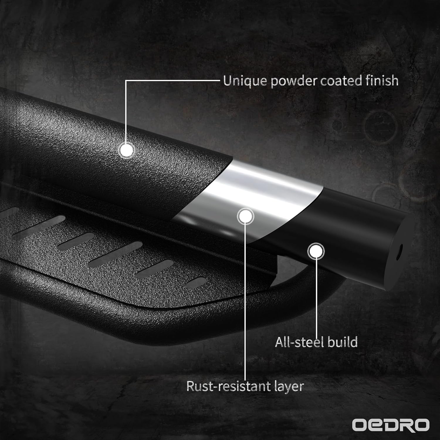 Side view of OEDRO 6 Inch Running Boards Compatible with 2019-2026 Ford Ranger Crew Cab, Bolt-On Nerf Bars with Two-Tier Step, Carbon Steel Side Steps,Nerf Bars