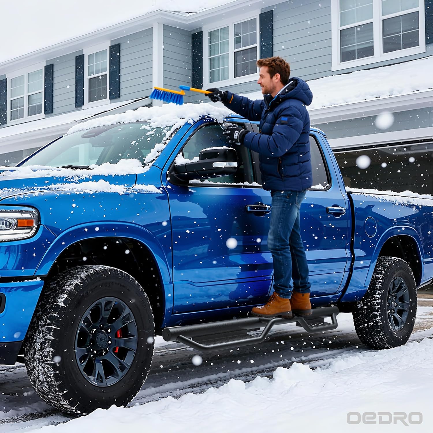 Side view of OEDRO Running Boards Side Steps Compatible with 2019-2026 Chevy Silverado GMC Sierra 1500 Crew Cab, 2020-2026 2500HD 3500HD, Two Stairs Side Steps