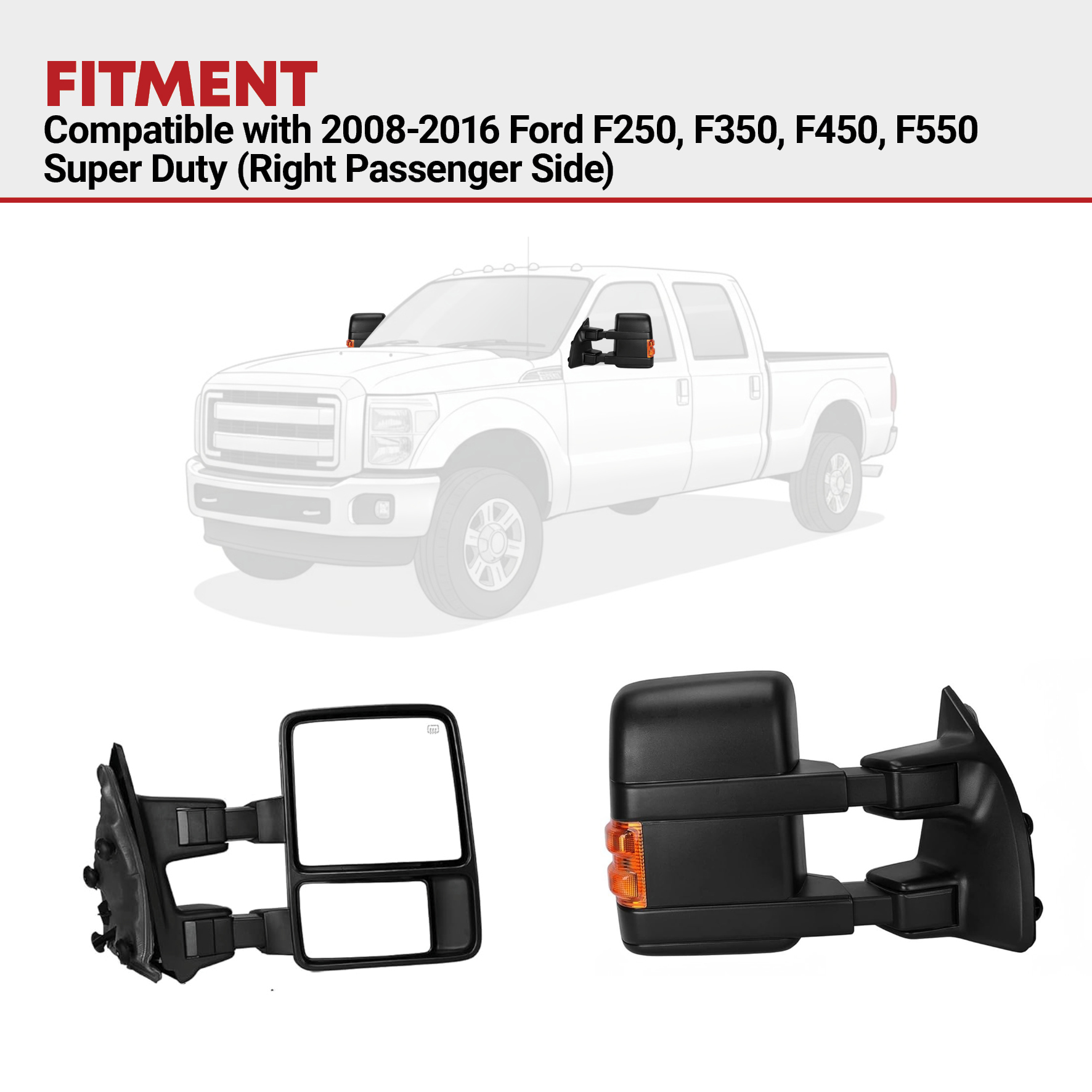 Parts-AutoClub Power Heated Towing Mirror | Driver Side Left For 08-16 F250/F350 Super Duty | Smoke Turn Signal