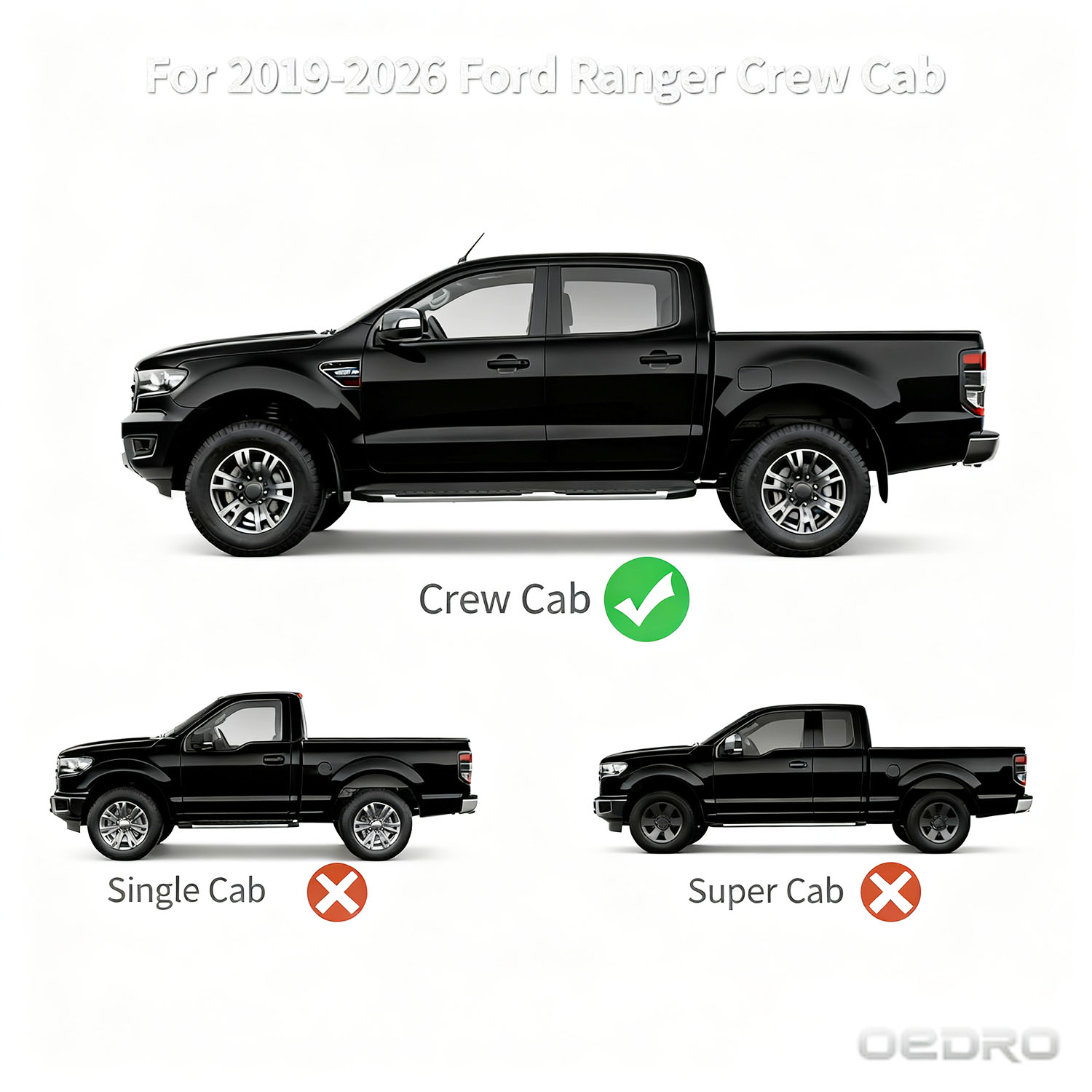 Side view of OEDRO 6 Inch Running Boards Compatible with 2019-2026 Ford Ranger Crew Cab, Bolt-On Nerf Bars with Two-Tier Step, Carbon Steel Side Steps,Nerf Bars