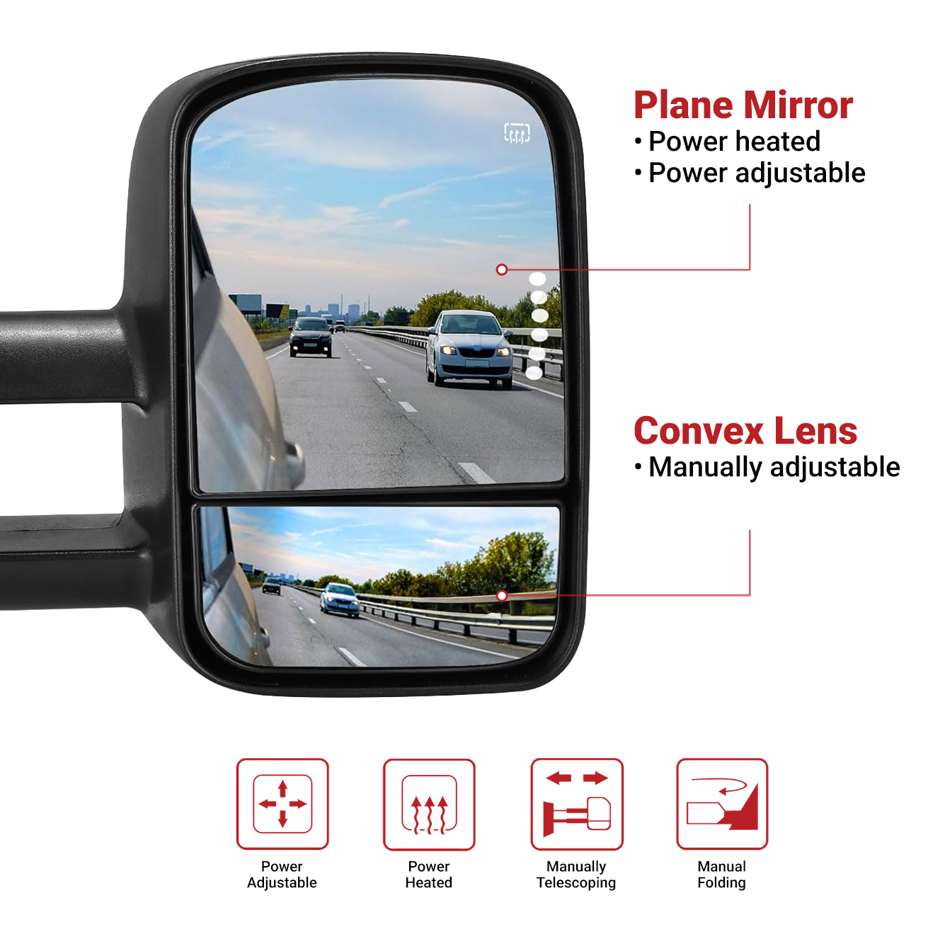 Side view of YITAMOTOR® 1988-1998 Chevy GMC C1500 C2500 C3500 K1500 K2500 K3500 Pickup Truck Manual Extendable Towing Mirrors