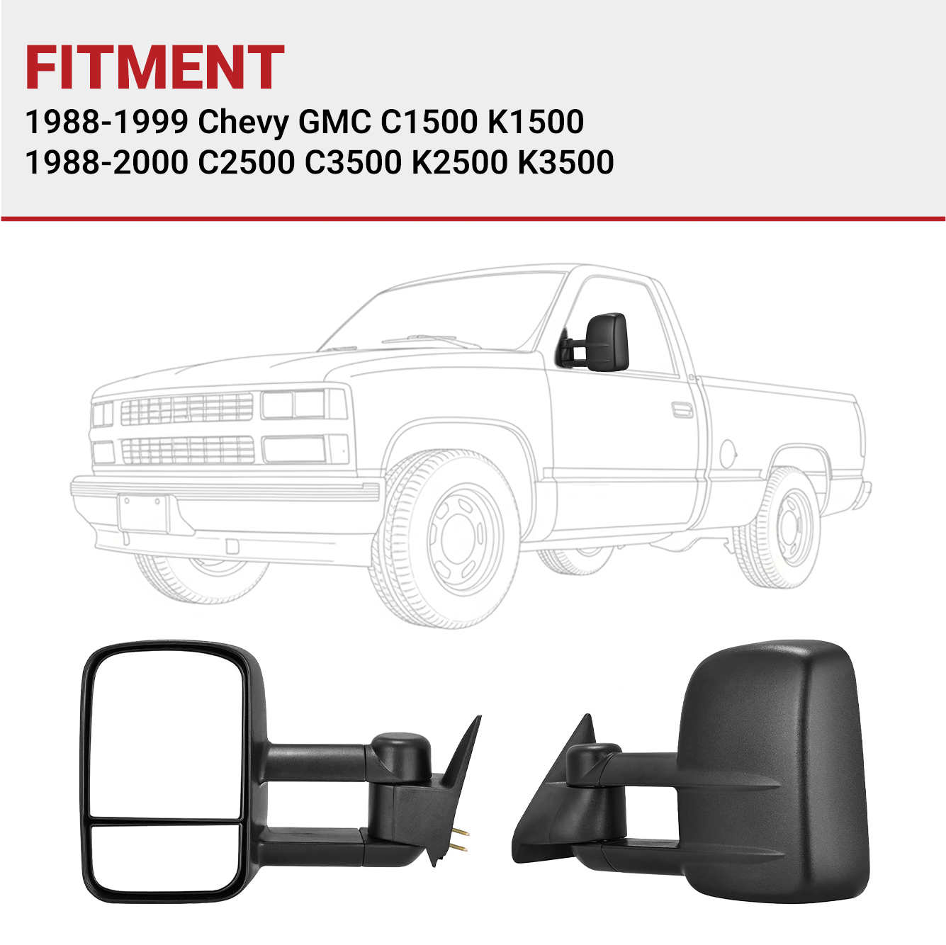 Side view of YITAMOTOR® 1988-1998 Chevy GMC C1500 C2500 C3500 K1500 K2500 K3500 Pickup Truck Manual Extendable Towing Mirrors