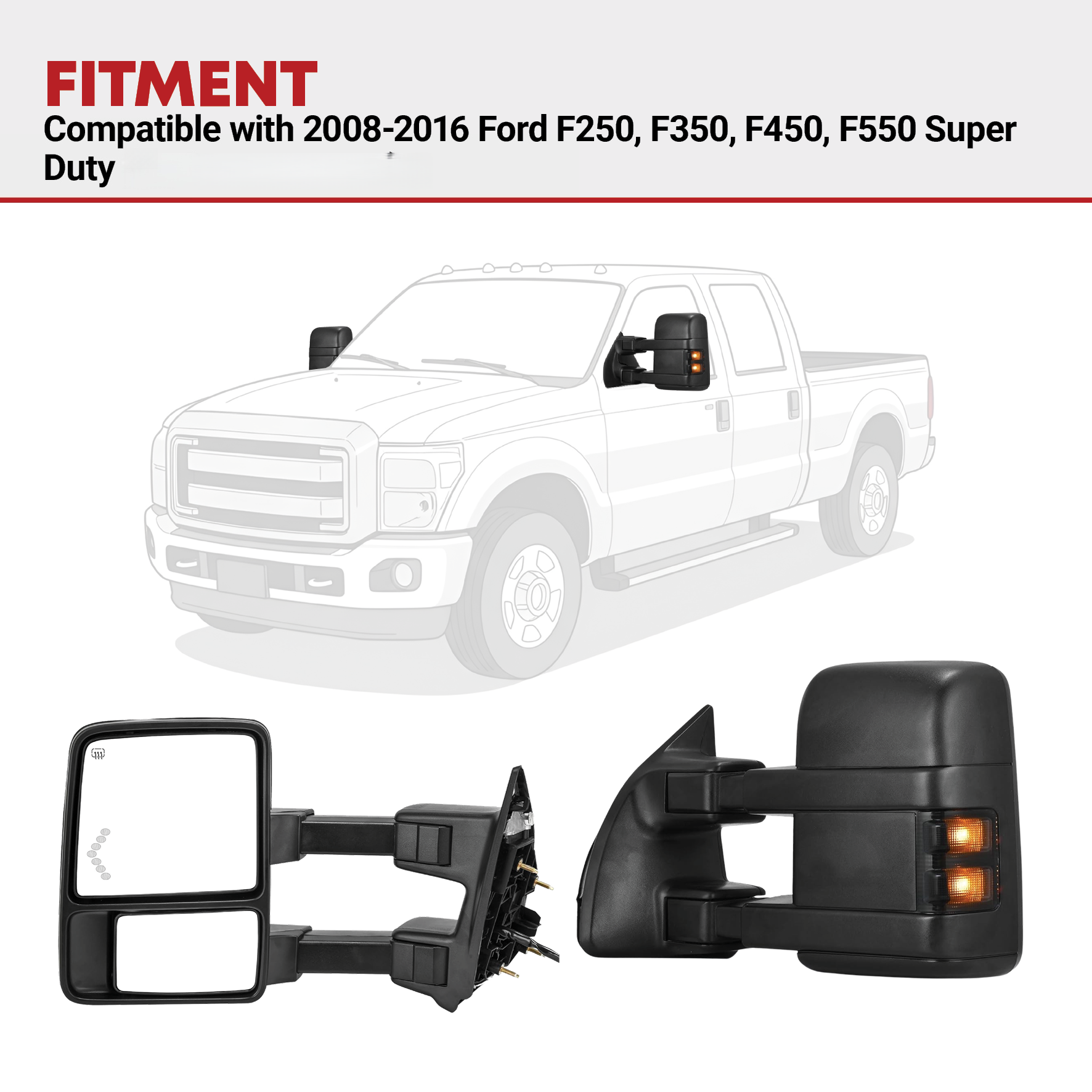 Side view of YITAMOTOR Power Heated Towing Mirror for 2008-2016 Ford F250 F350 F450 F550 – Driver Side, Smoke Lens, LED Signal