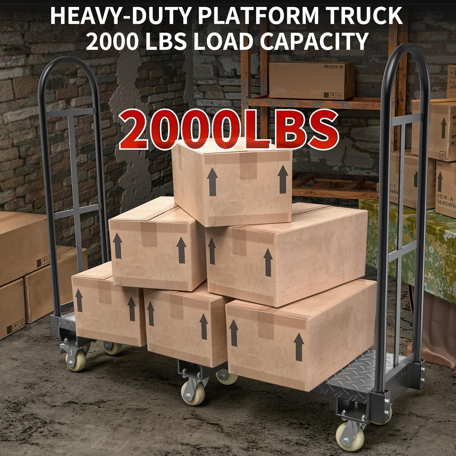 Side view of YITAMOTOR Heavy-Duty Narrow Aisle U-Boat Platform Truck, 2000 lb Capacity, 60.2"x15.7" Steel Deck