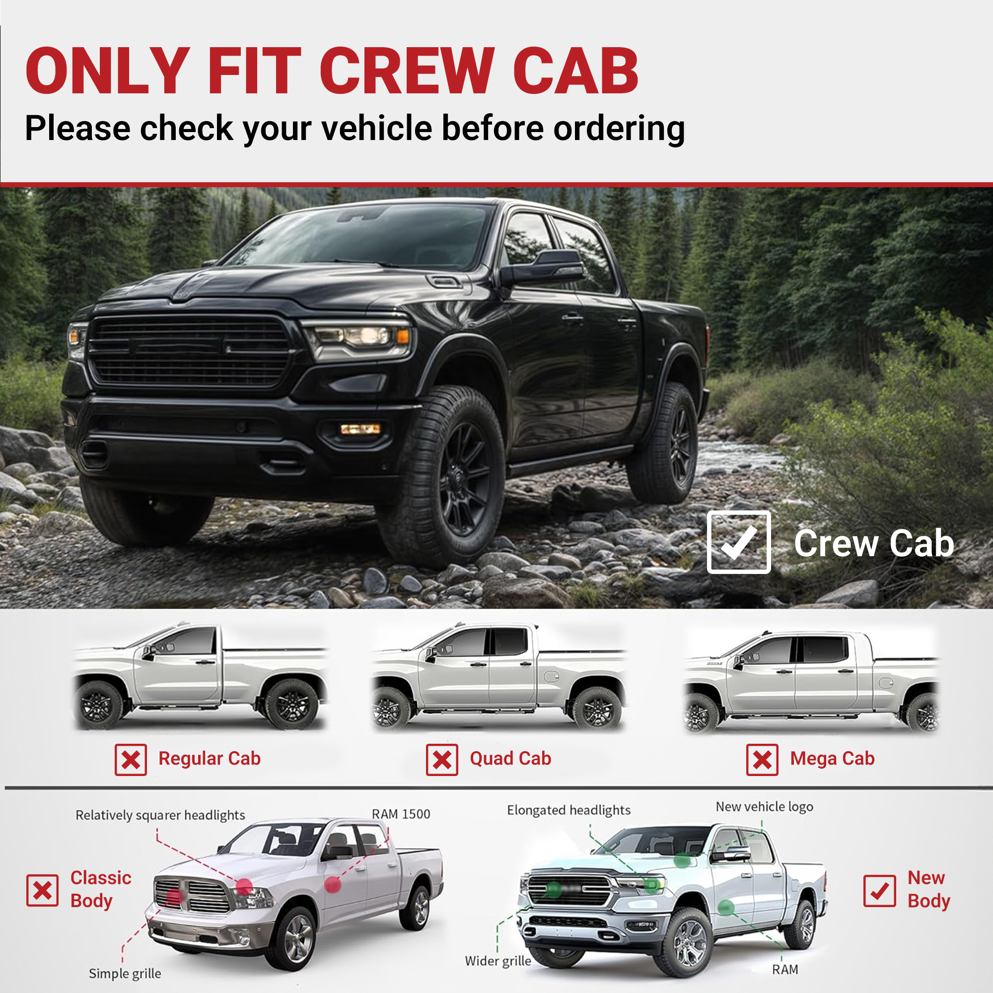 Side view of YITAMOTOR Black Running Boards for 2019-2026 Ram 1500 New Body Crew Cab (Excludes Classic) | Side Steps Nerf Bars