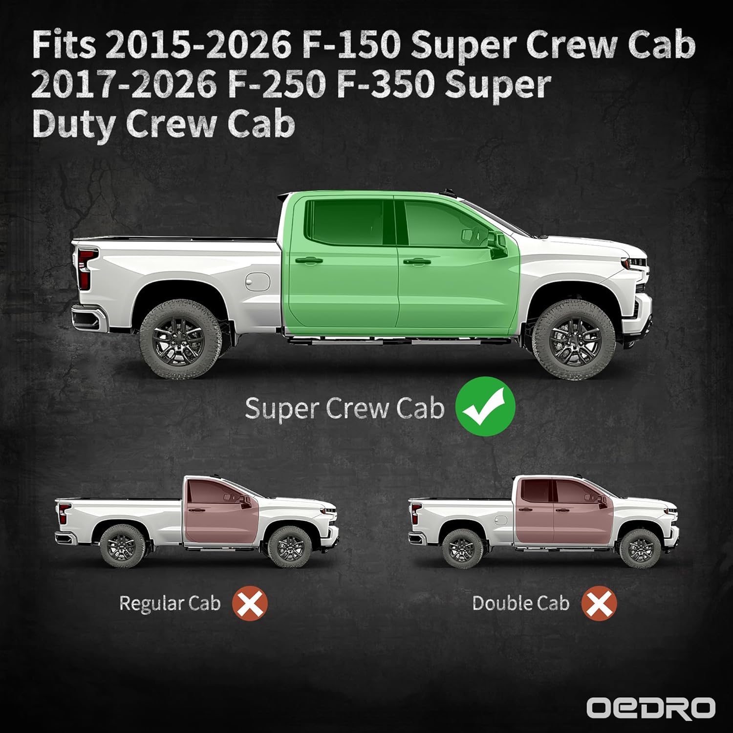 Side view of OEDRO Running Boards for 2015-2026 Ford F-150 SuperCrew Cab, 2017-2026 Ford F-250 F-350 Super Duty Crew Cab, Textured Nerf Bar Truck Side Steps