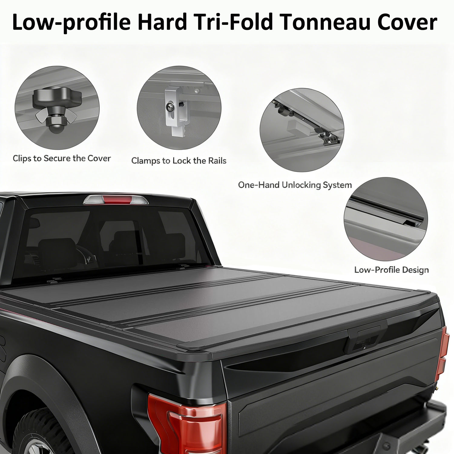 Side view of OEDRO Low-Profile Hard Tri-Fold Tonneau Cover Compatible with Jeep Gladiator 2020-2026 5ft Bed, One-Handed Quick Release, Drainage Design