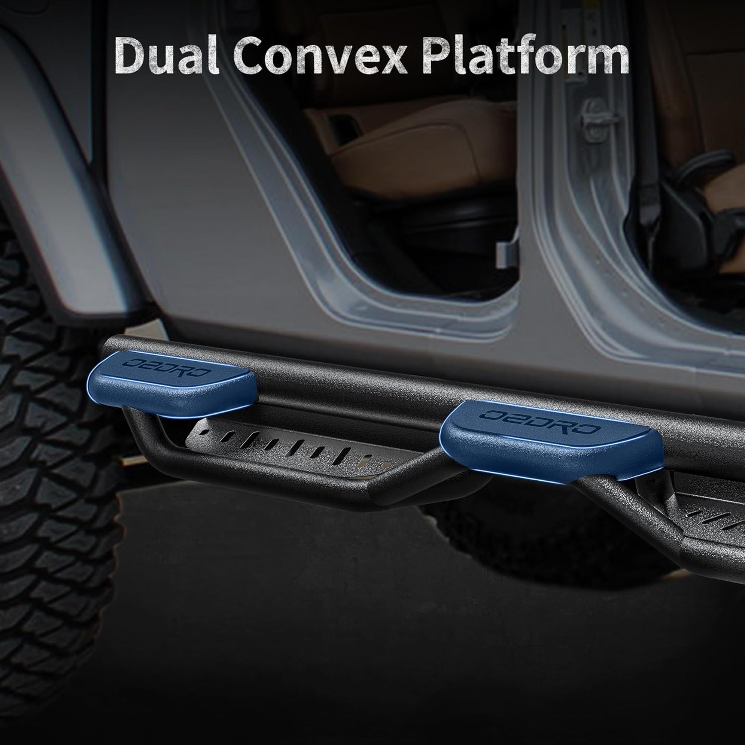 Side view of OEDRO Running Boards Dual Convex Two-Stairs Steps Compatible with 2020-2026 Jeep Gladiator JT 4 Door, Dual Convex Platform Side Steps Nerf Bar