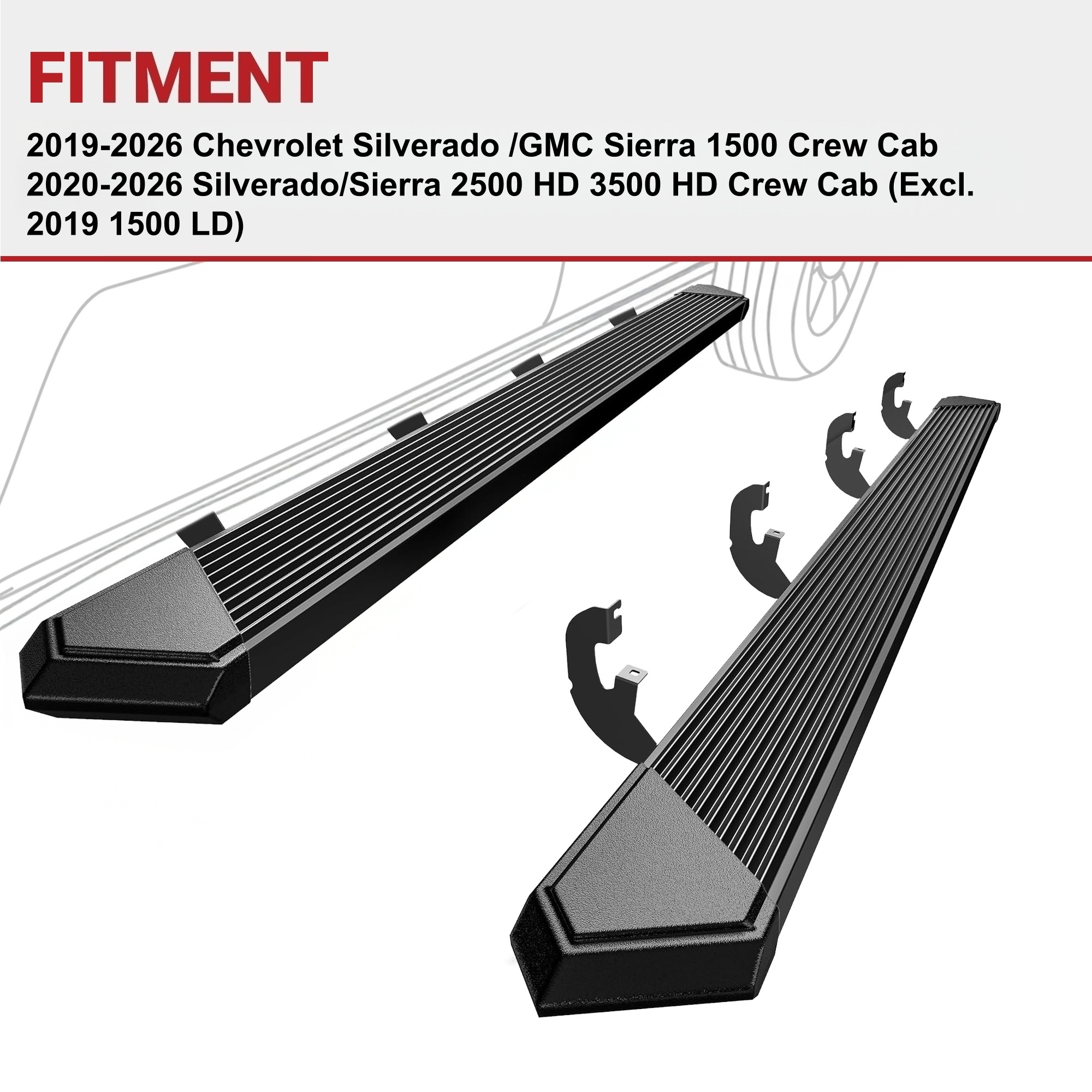 Side view of YITAMOTOR 6" Black Running Boards for 2019-2026 Chevy Silverado 1500 & GMC Sierra 1500/2500HD/3500HD Crew Cab | Nerf Bars