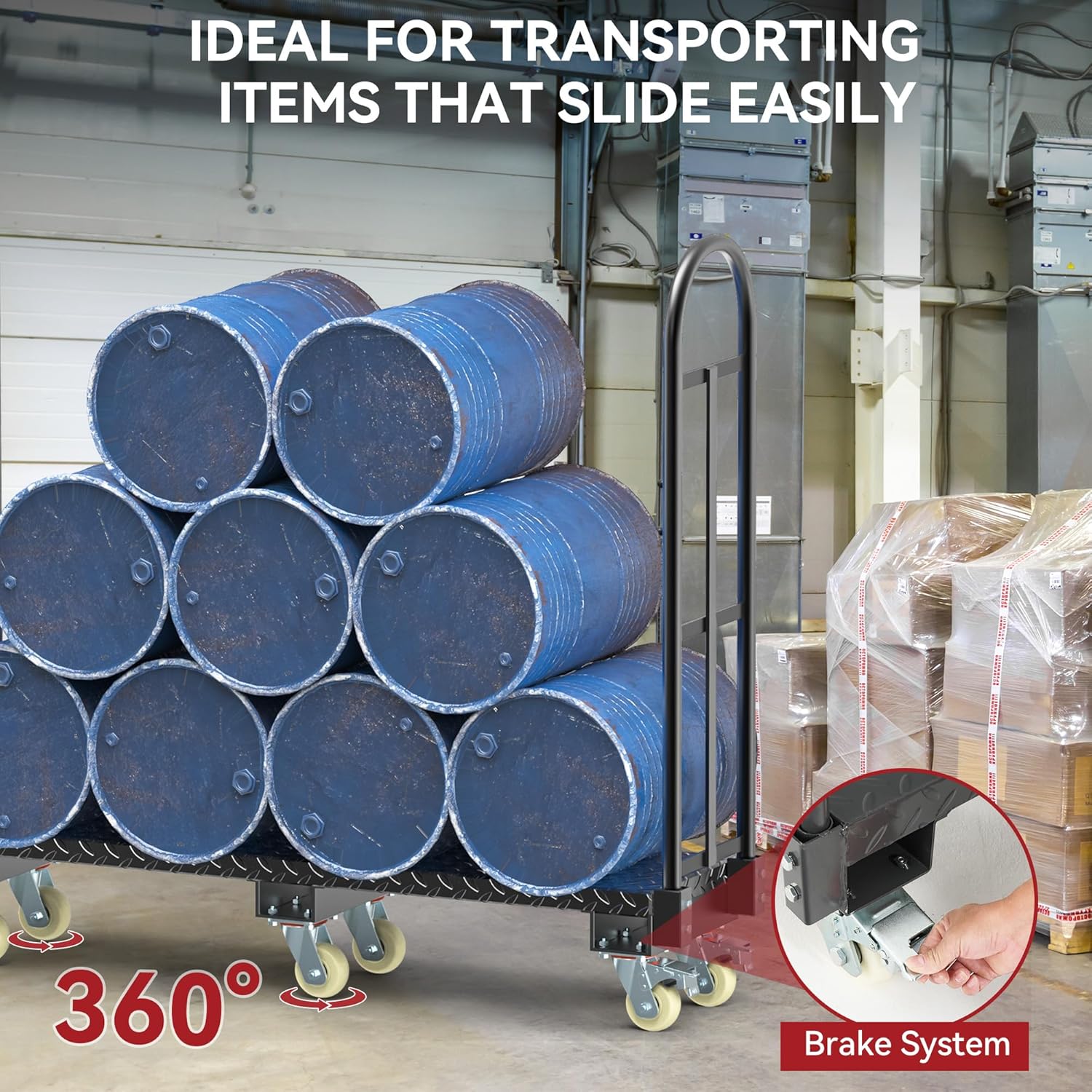 Side view of YITAMOTOR Heavy-Duty Narrow Aisle U-Boat Platform Truck, 2000 lb Capacity, 60.2"x15.7" Steel Deck