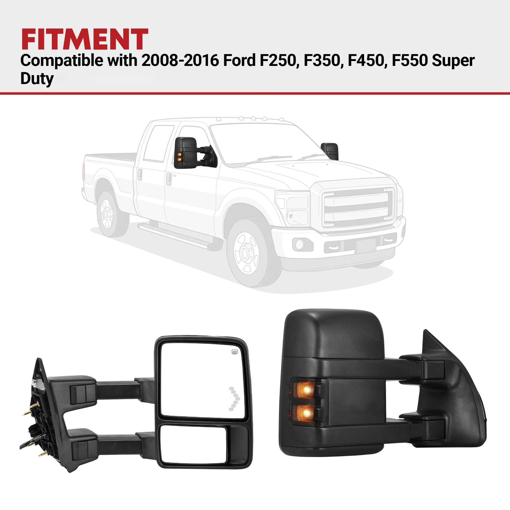 Side view of YITAMOTOR Passenger Side Towing Mirror - 2008-2016 Ford F250-F550 Super Duty | Power Heated, LED Signal, Smoke Lens