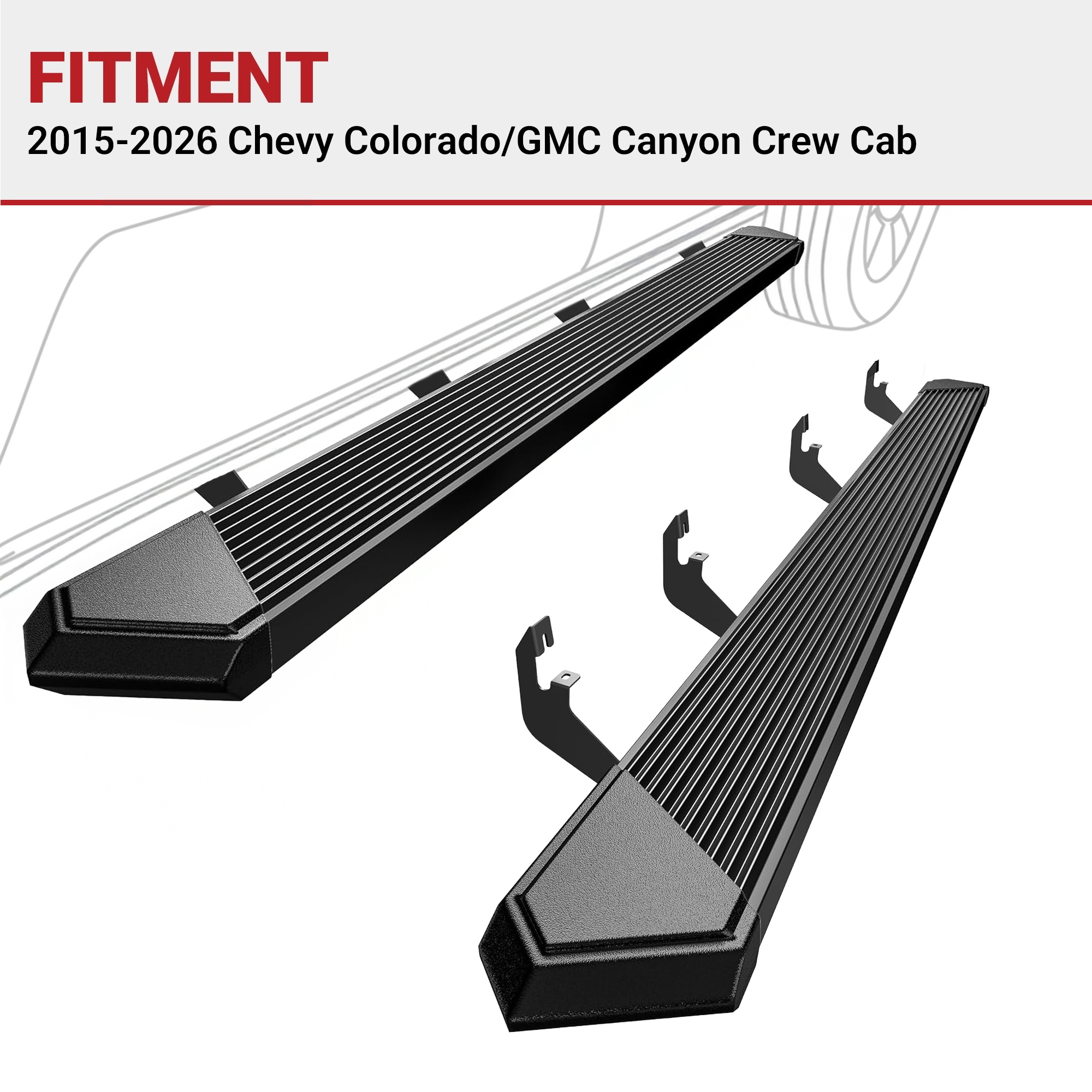 Side view of YITAMOTOR 6" Black Running Boards for 2015-2026 Chevy Colorado & GMC Canyon Crew Cab | Side Steps Nerf Bars