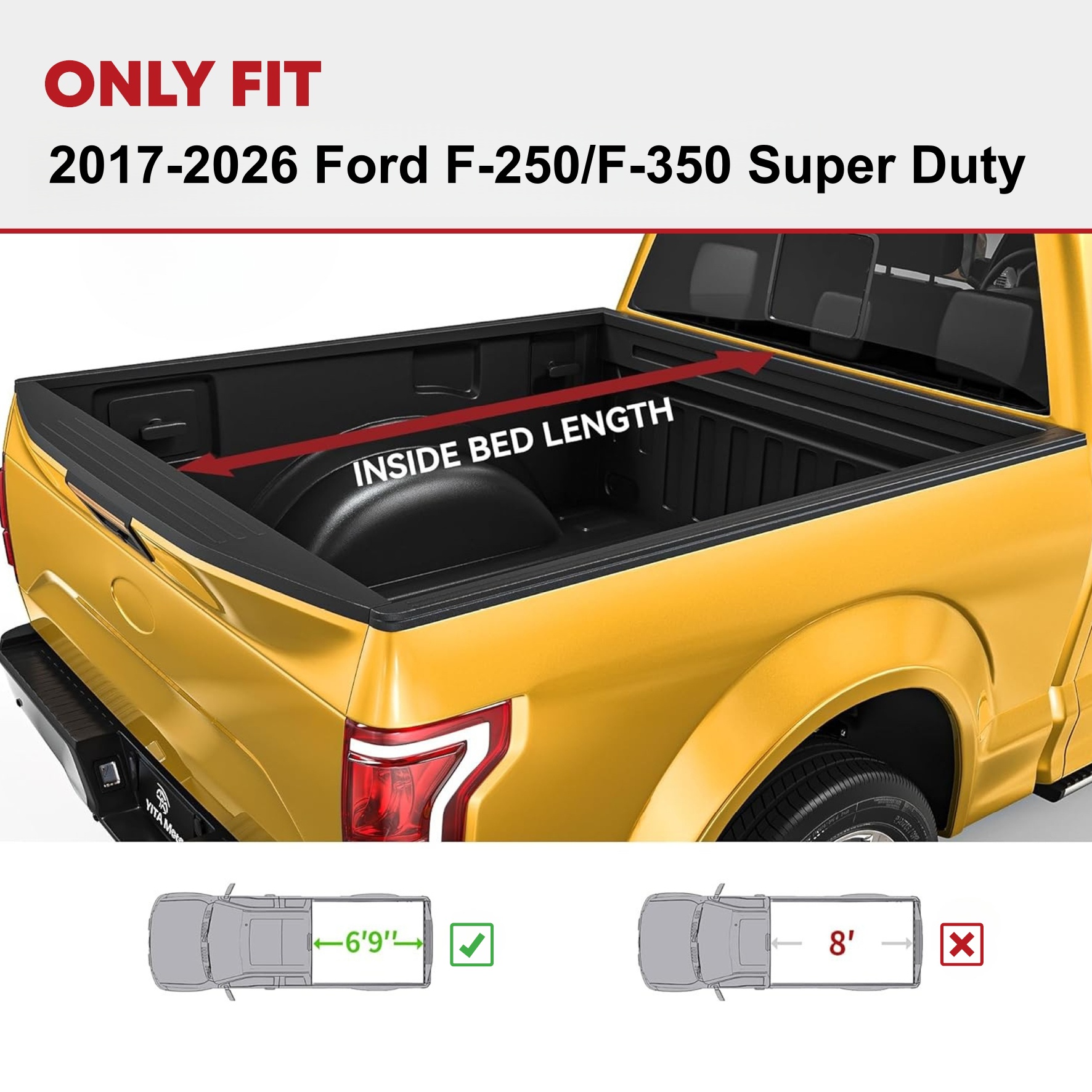 Side view of YITAMOTOR® 2017-2026 Ford F-250 F-350 F250 F350 Super Duty Soft Roll Up Tonneau Cover, Styleside 6.75 ft Bed