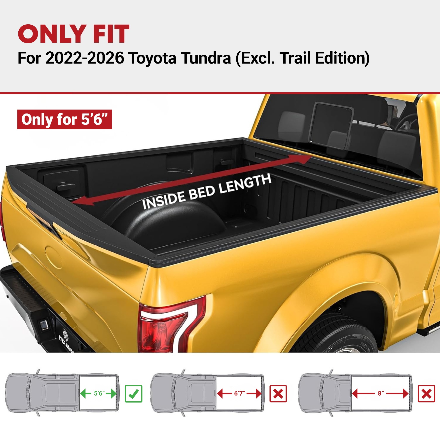 Side view of Soft Tri-Fold Truck Bed Tonneau Cover Compatible with Toyota Tundra 2022 2023 2024 2025 2026 (Excl. Trail Edition), 5.5 ft Bed with Deck Rail System