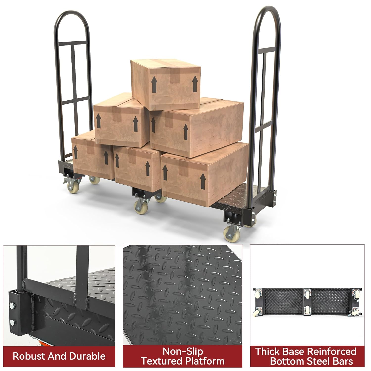 Side view of YITAMOTOR Heavy-Duty Narrow Aisle U-Boat Platform Truck, 2000 lb Capacity, 60.2"x15.7" Steel Deck