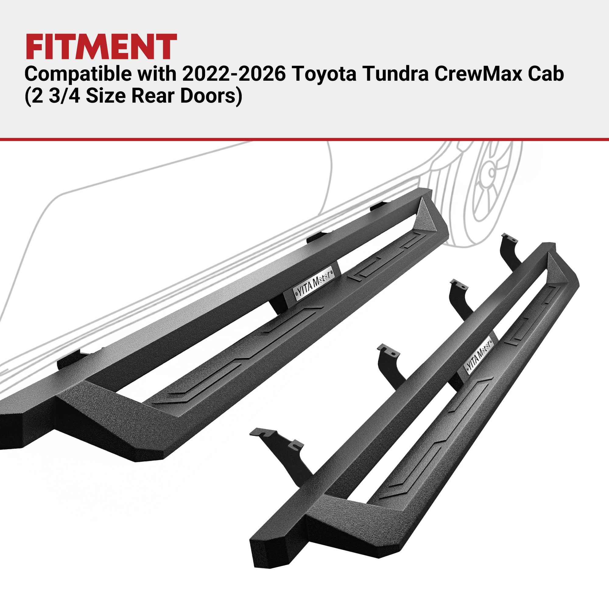 Side view of YITAMOTOR® Running Boards for 2022-2026 Toyota Tundra Crew Max Drop Side Step Nerf Bars BLK