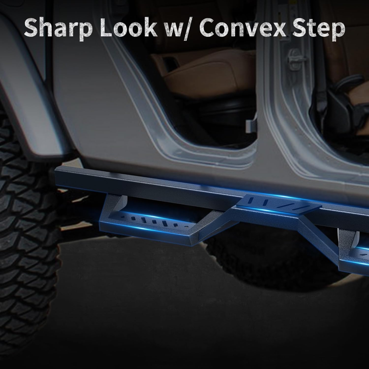 Side view of OEDRO Running Boards Compatible with 2007-2018 Chevy Silverado/GMC Sierra 1500 Crew Cab, 2007-2019 2500HD 3500HD, Two Stairs Square Side Steps Rails