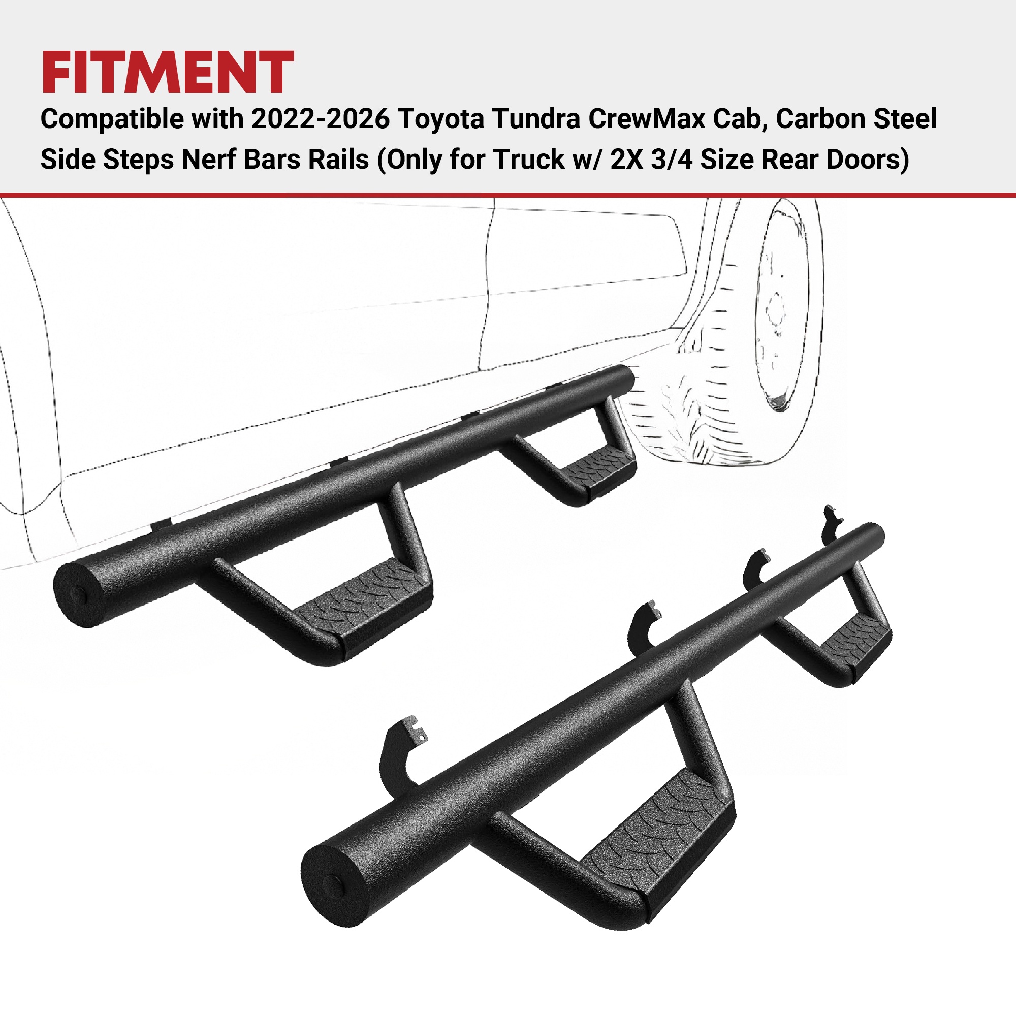 Side view of Running Boards Replacement for 2022-2026 Toyota Tundra CrewMax Cab, Carbon Steel Side Steps Nerf Bars Rails (Only for Truck w/ 2X 3/4 Size Rear Doors)