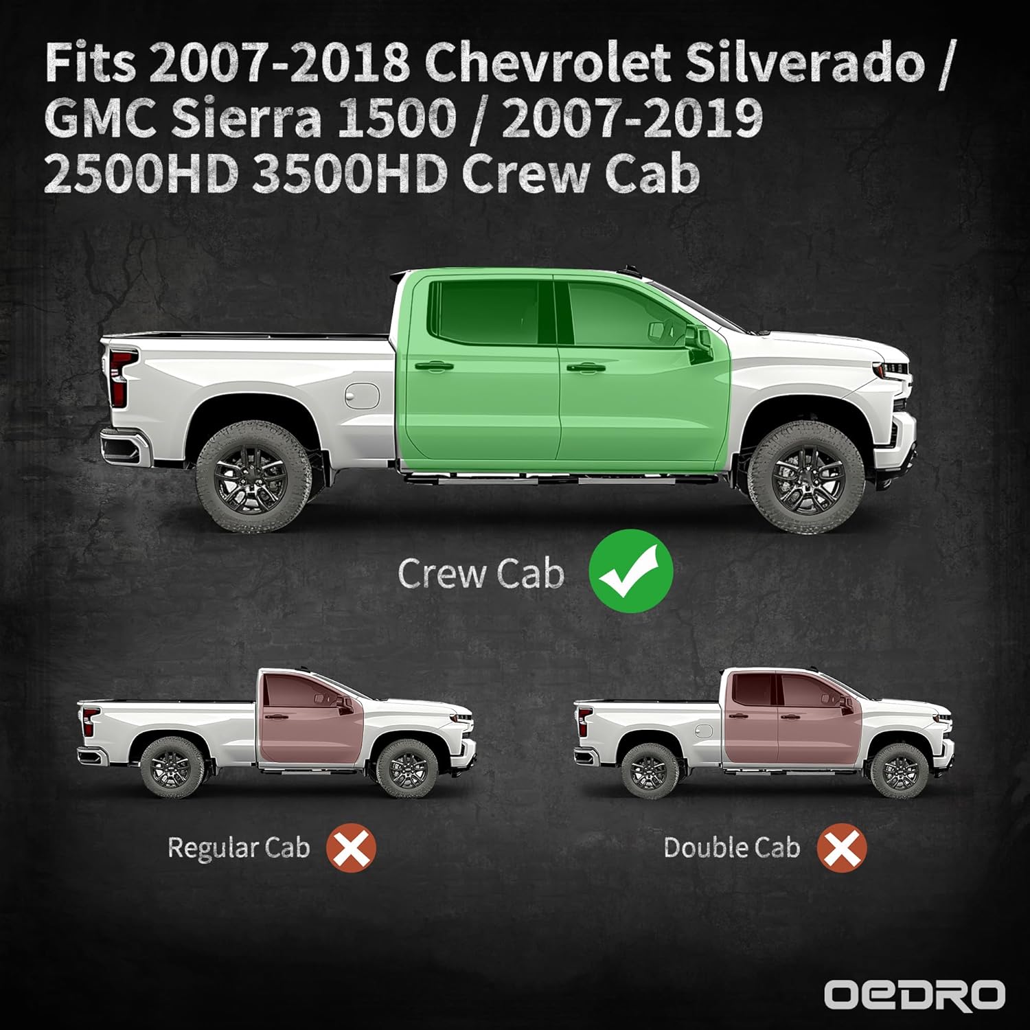 Side view of OEDRO Running Boards Compatible with 2007-2018 Chevy Silverado/GMC Sierra 1500 Crew Cab, 2007-2019 2500HD 3500HD, Two Stairs Square Side Steps Rails