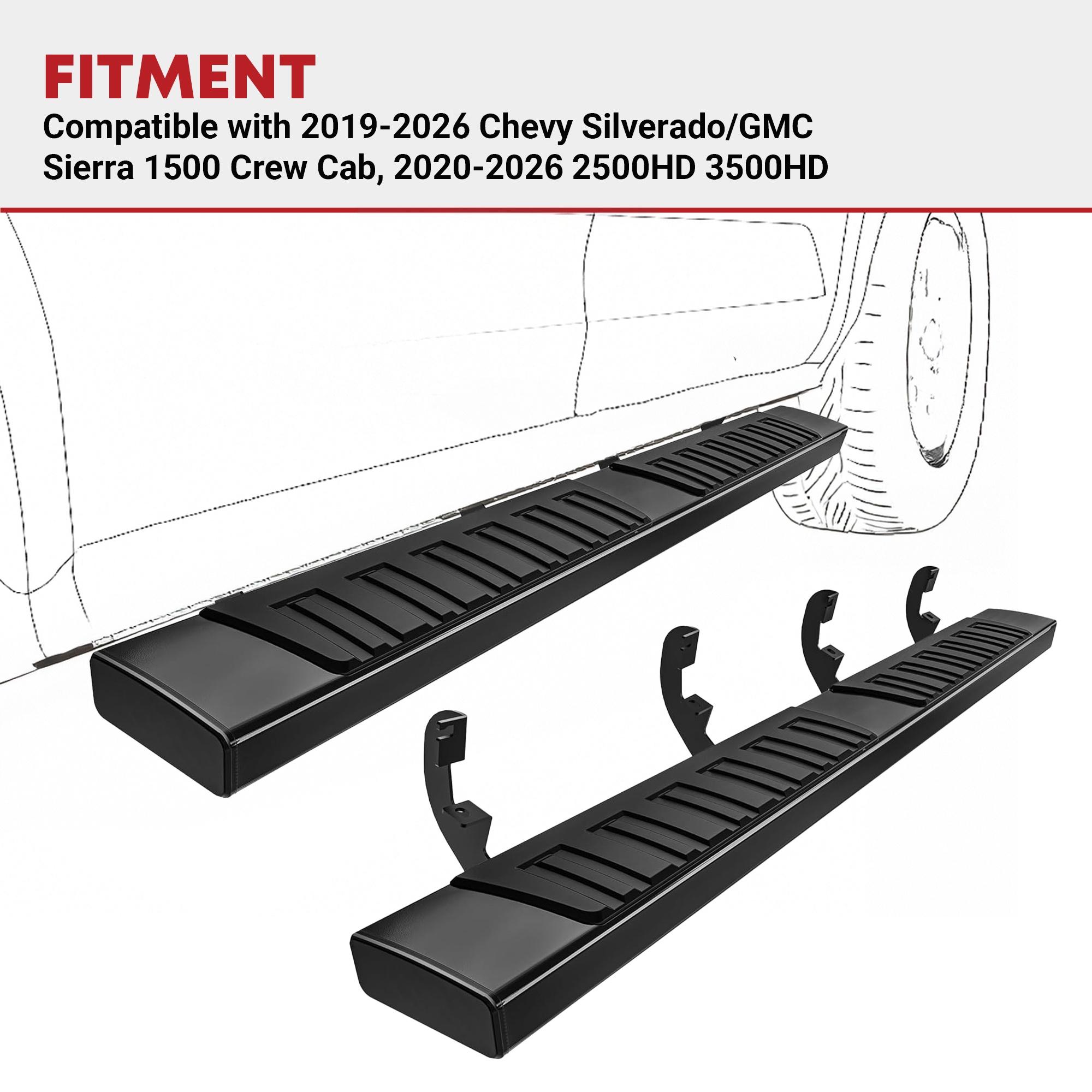 Side view of YITAMOTOR® Running Boards for 19-26 Silverado/Sierra 1500 Crew Cab 6" Nerf Bars Side Steps