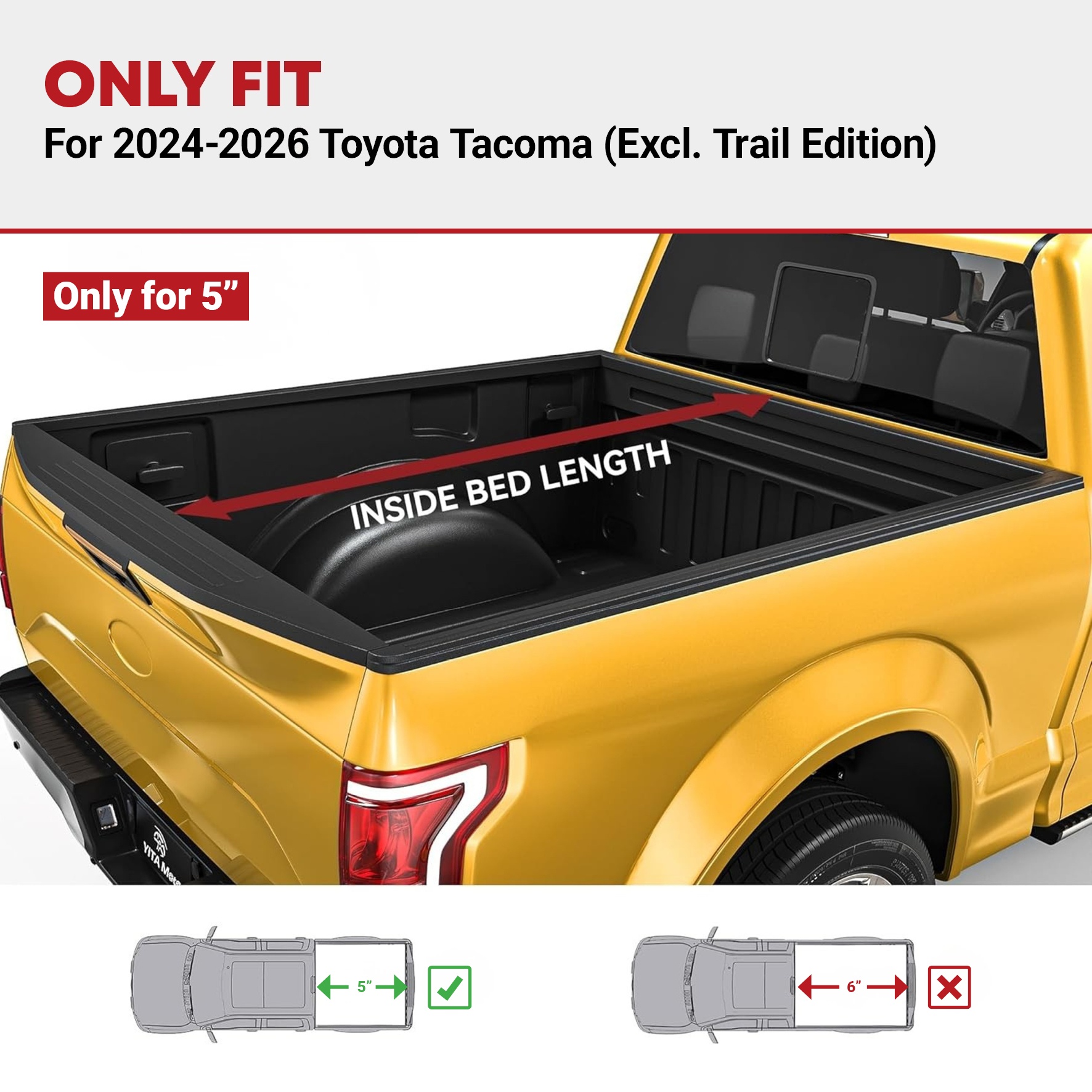 Side view of YITAMOTOR Soft Tri-Fold Tonneau Cover for 2024-2026 Toyota Tacoma 5ft Bed (Excl. Trail Edition)