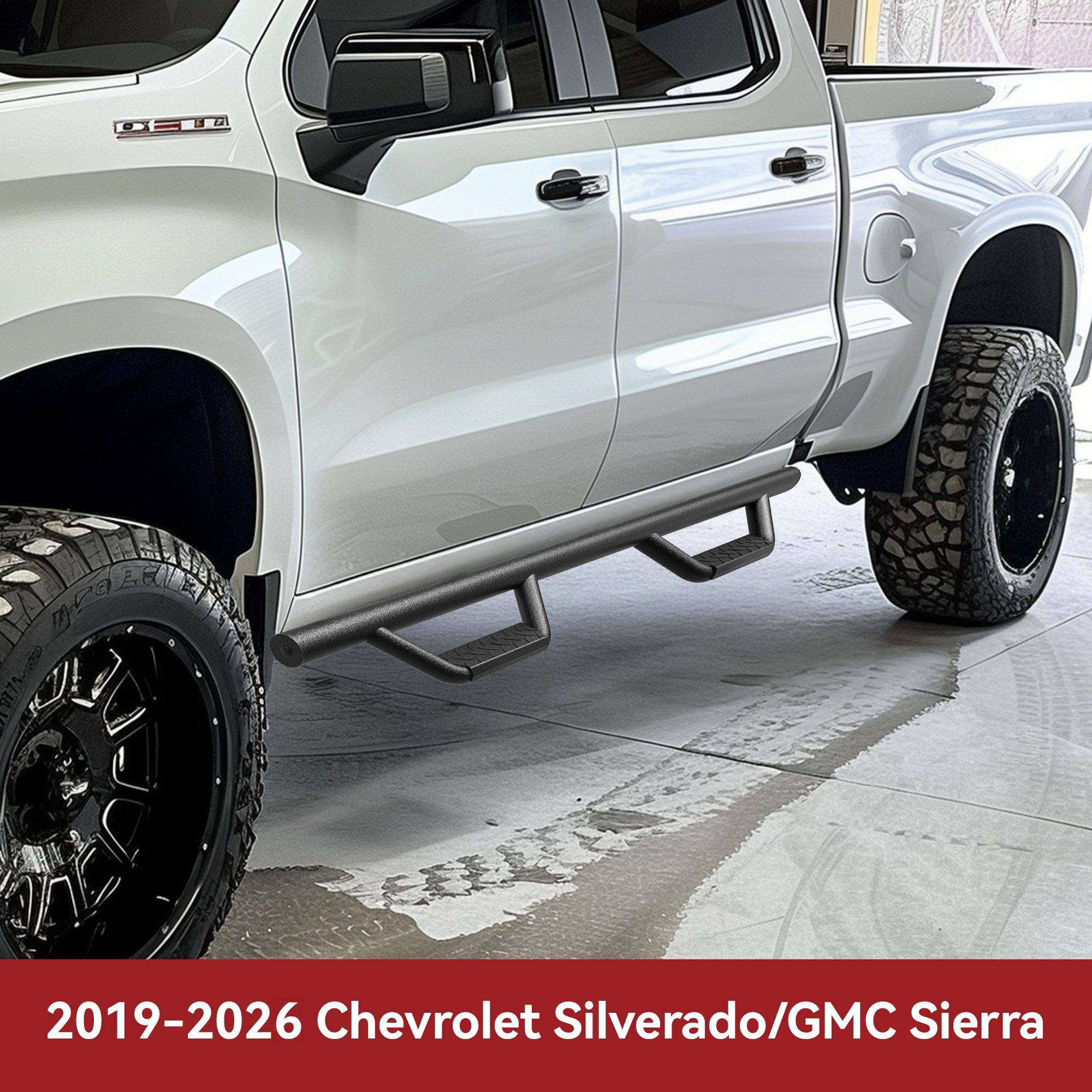 Side view of Running Boards for 2019-2026 Chevy Silverado/GMC Sierra 1500 Crew Cab, 2020-2026 2500HD 3500HD Crew Cab Side Steps Nerf Bars Rails(Excl. 2019 1500 LD)
