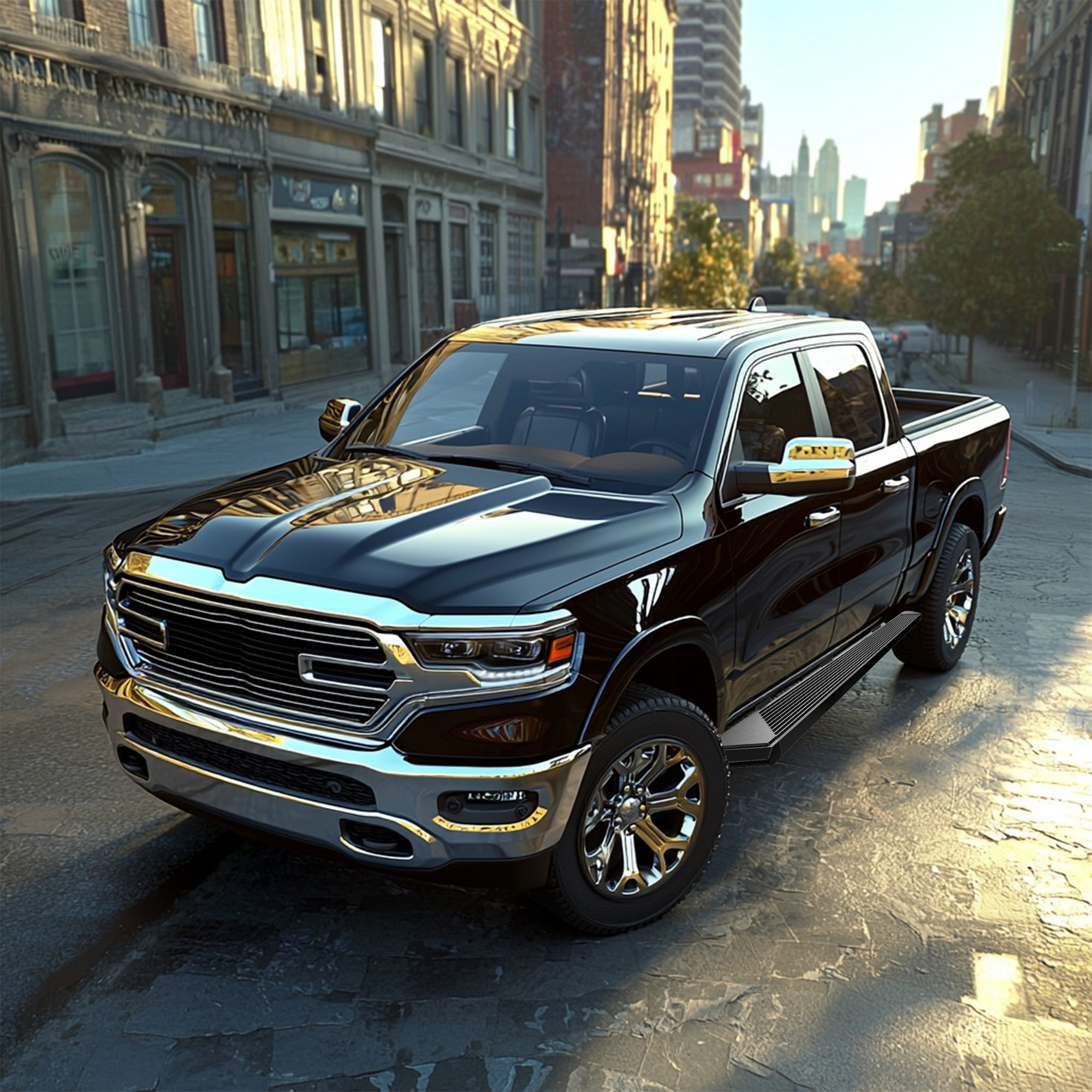 Side view of YITAMOTOR Black Running Boards for 2019-2026 Ram 1500 New Body Crew Cab (Excludes Classic) | Side Steps Nerf Bars