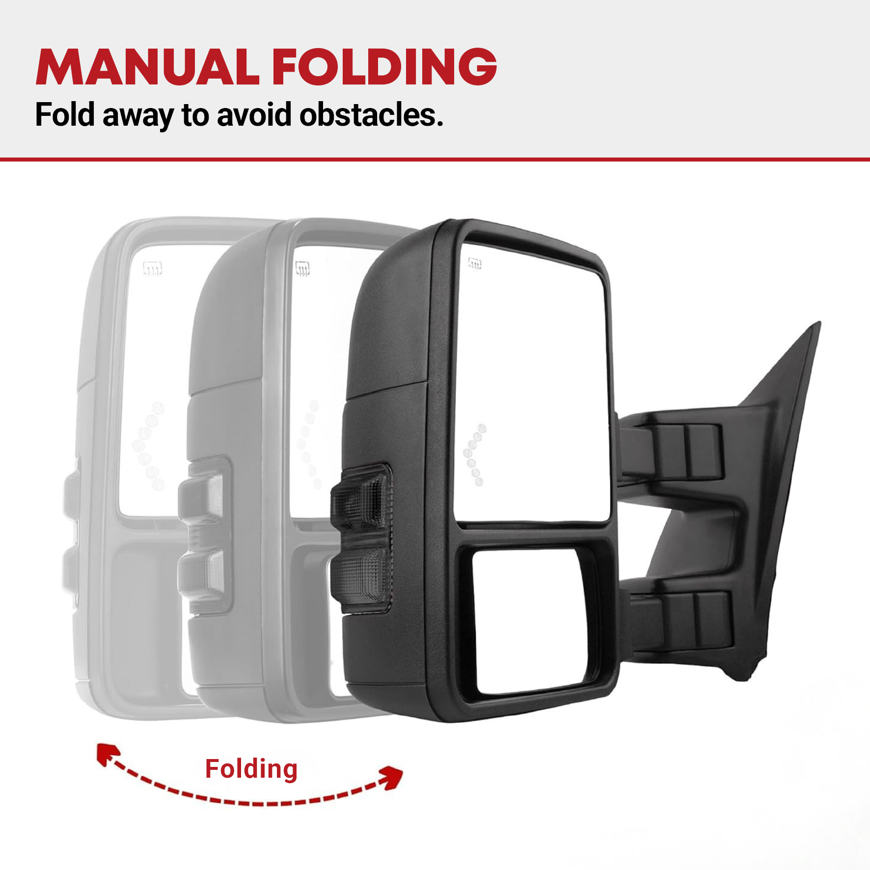 Side view of YITAMOTOR Power Heated Towing Mirror for 2008-2016 Ford F250 F350 F450 F550 – Driver Side, Smoke Lens, LED Signal