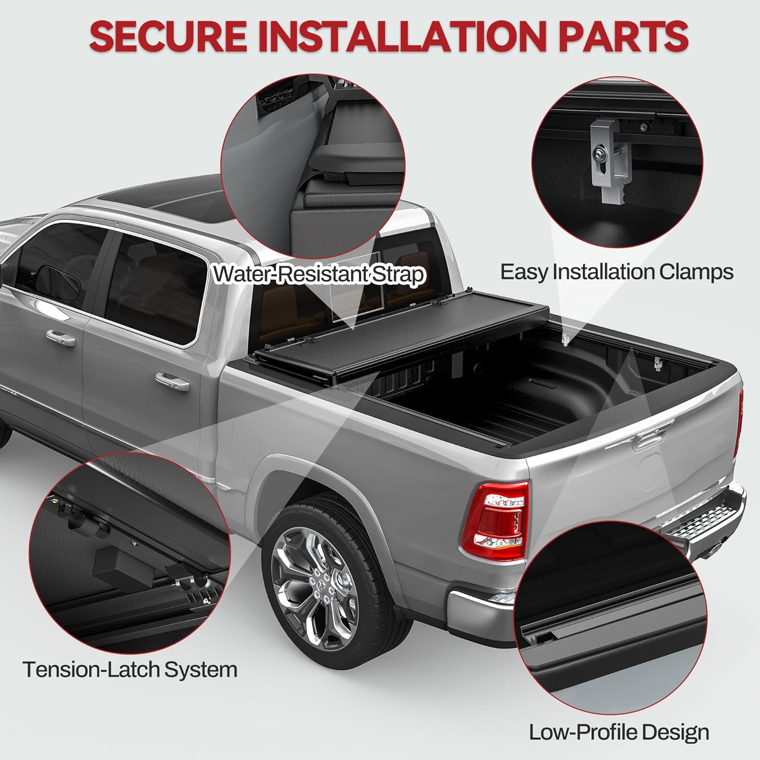 Side view of YITAMOTOR Low-Profile Hard Tri-Fold Tonneau Cover for 2019-2026 Ram 1500 New Body 6.4ft Bed (Without Rambox)