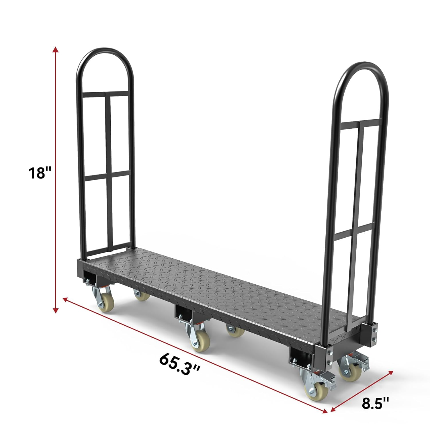 Side view of YITAMOTOR Heavy-Duty Narrow Aisle U-Boat Platform Truck, 2000 lb Capacity, 60.2"x15.7" Steel Deck